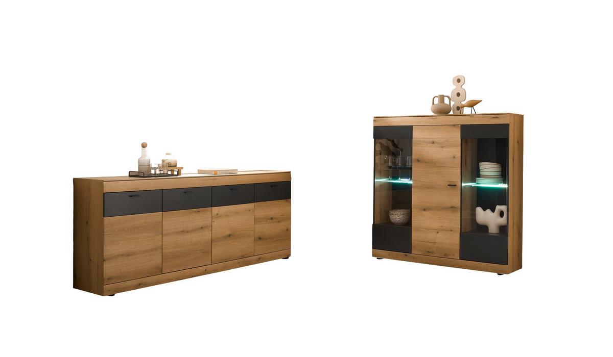 WOHNWAND SOLETO - Eichefarben/Graphitfarben, Design, Glas/Holzwerkstoff - MID.YOU