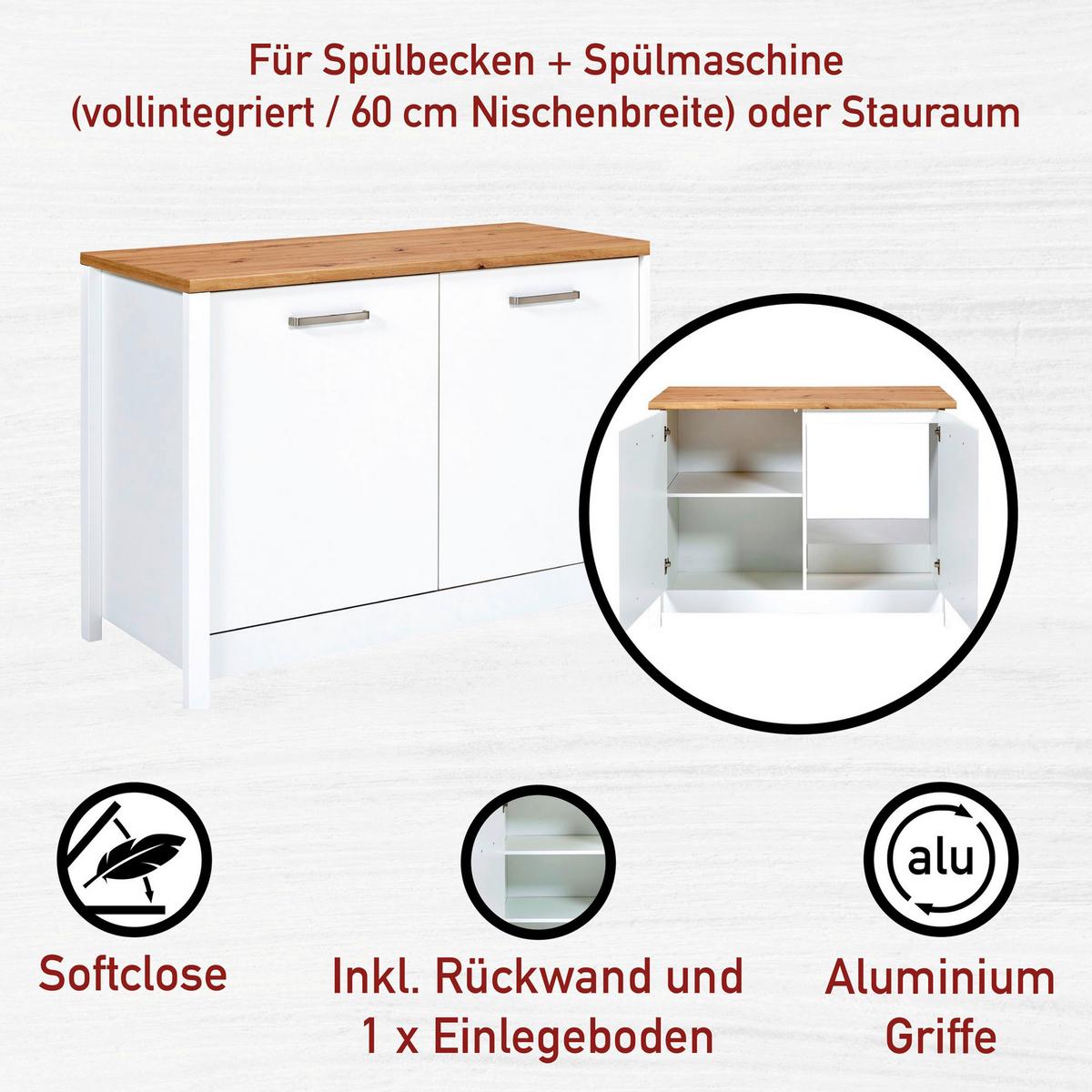 Küchenleerblock Bundle 2 o. Geräte Weiß/Eiche - Silberfarben/Weiß, MODERN, Glas/Holzwerkstoff (200/167/60cm) - home24