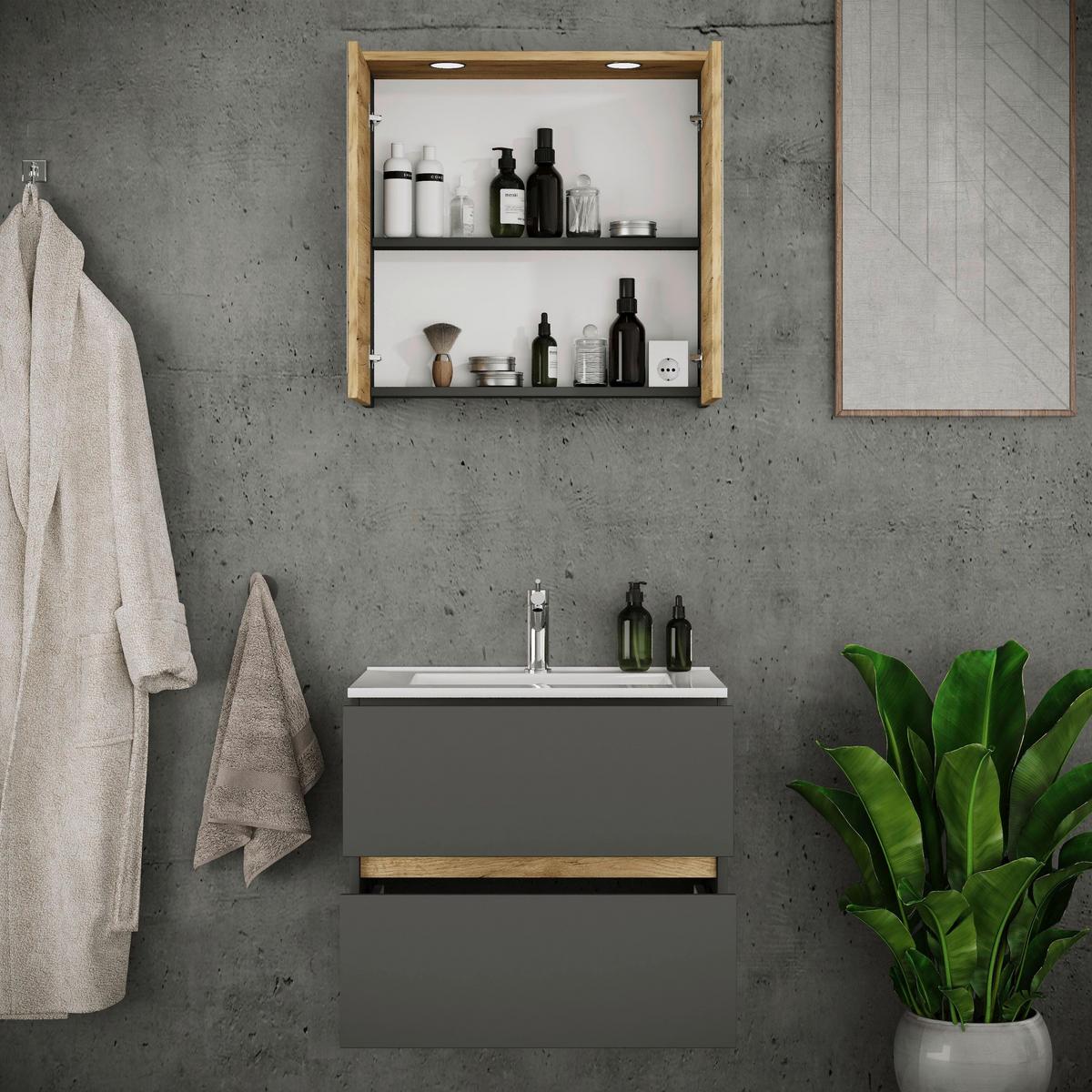 Badezimmer Cosila - Honigeiche/Weiss, Trend, Keramik/Holzwerkstoff (61cm) - MID.YOU