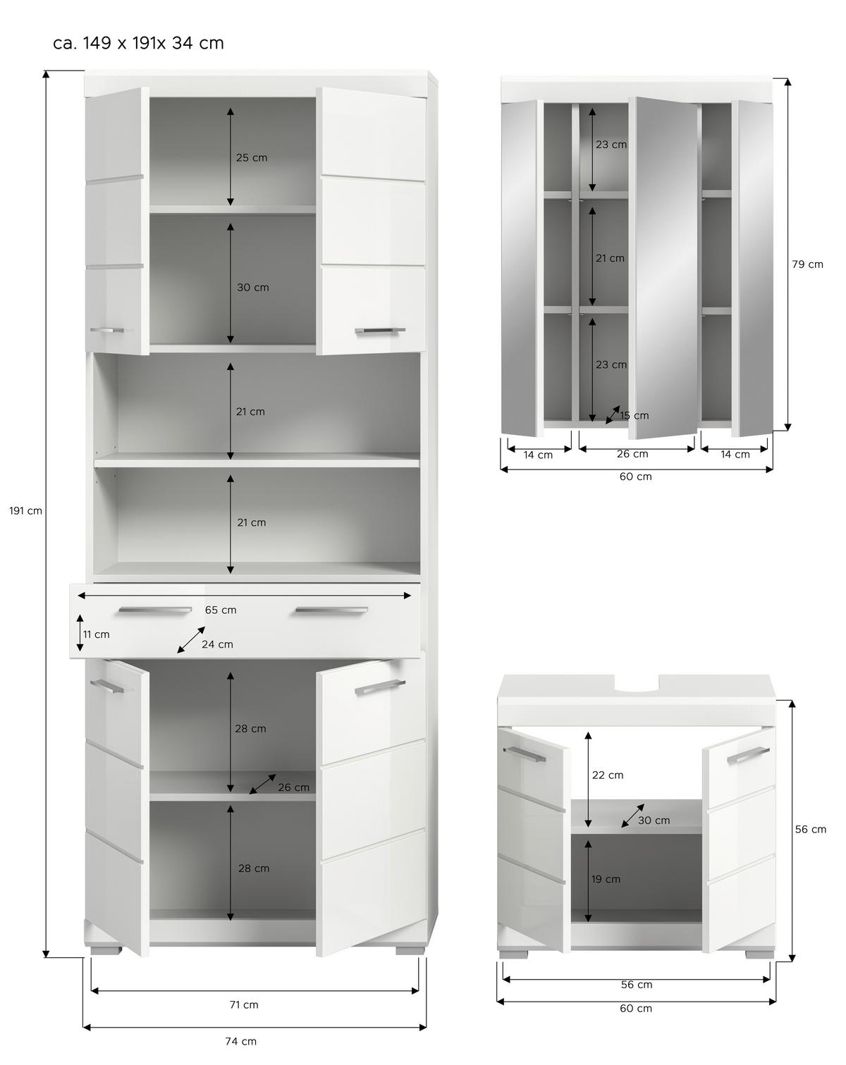 Badezimmer Scout 3-tlg. ca. 134 cm Weiß hochglanz - Weiß Hochglanz/Silberfarben, MODERN, Holzwerkstoff/Kunststoff (134cm) - MID.YOU