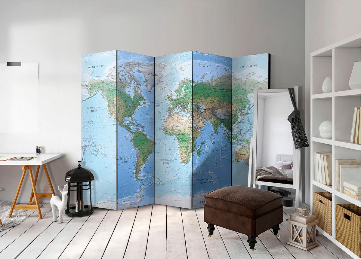 Paravan World Map, 5-Delni, Dvostranski - pastelno modra/svetlo zelena, Basics, tekstil/les (225/172/3cm) - artgeist