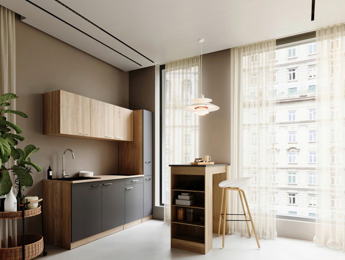 Küchenblock Ingrid m. Gerät Grau - Eichefarben/Alufarben, Design, Holzwerkstoff/Kunststoff (180cm) - Respekta
