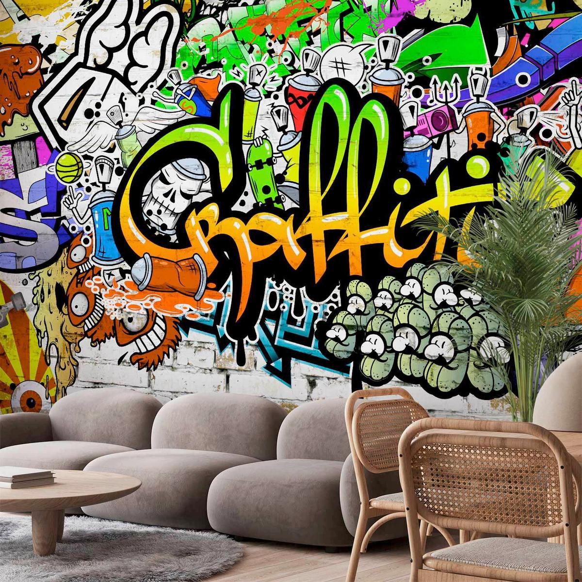 Fototapeta Graffiti On The Wall, 250x175cm - zelena/oranžna, Trendi, tekstil (250/175cm) - artgeist