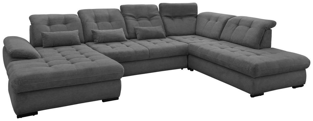 Wohnlandschaft Rigatti Grau Cord mit Bettkasten - Schwarz/Grau, MODERN, Textil/Metall (184/387/252cm) - Livetastic