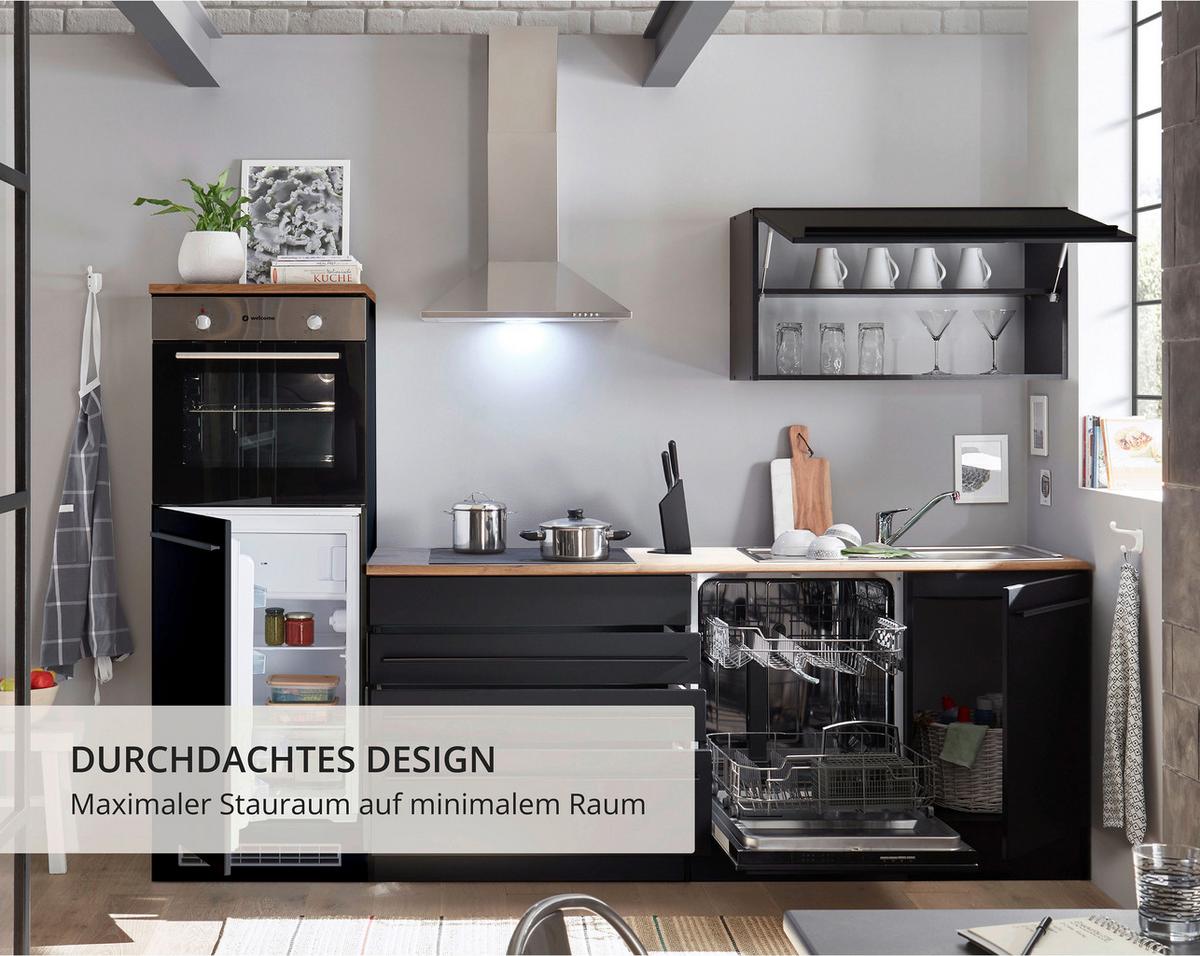 Küchenblock Jazz mit Geräten ca. 260 cm Schwarz - Eichefarben/Schwarz, LIFESTYLE, Holzwerkstoff/Kunststoff (260cm) - P & B