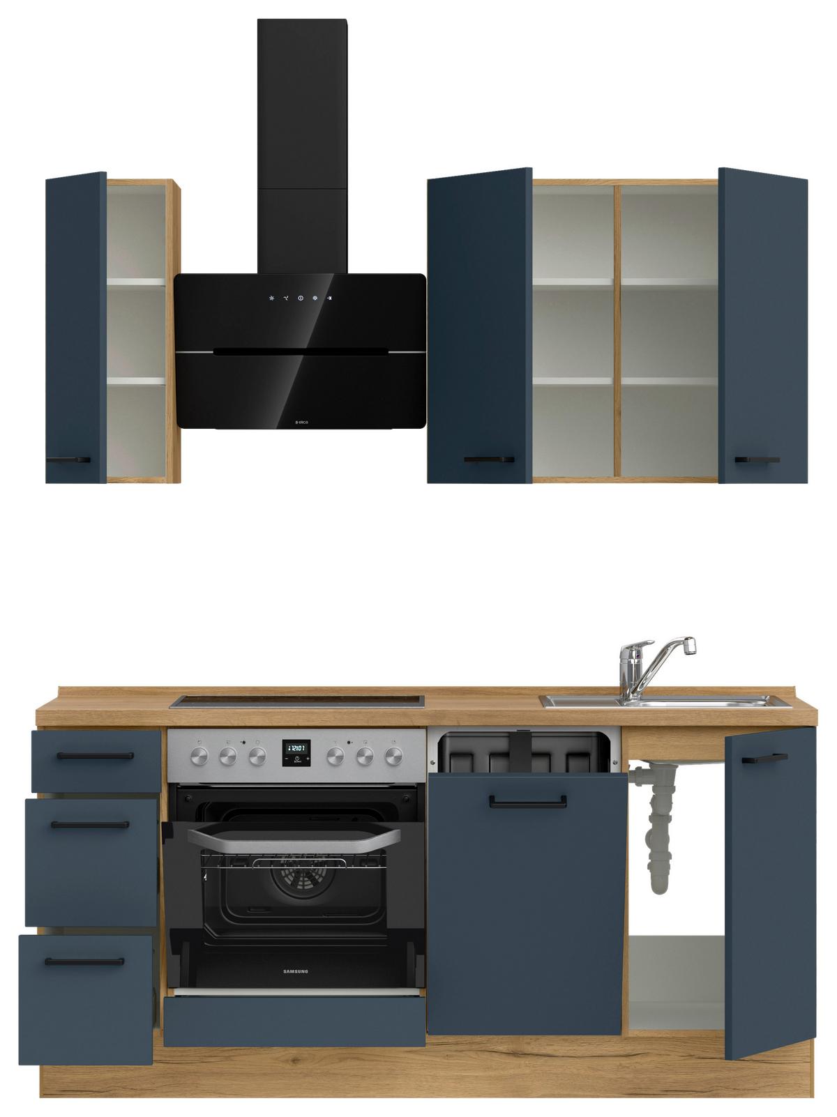 Küchenblock Easytouch High- Line inkl. 3 Geräte Eiche/Blau - Eichefarben/Schwarz, MODERN, Holzwerkstoff/Metall (180cm) - Nobilia