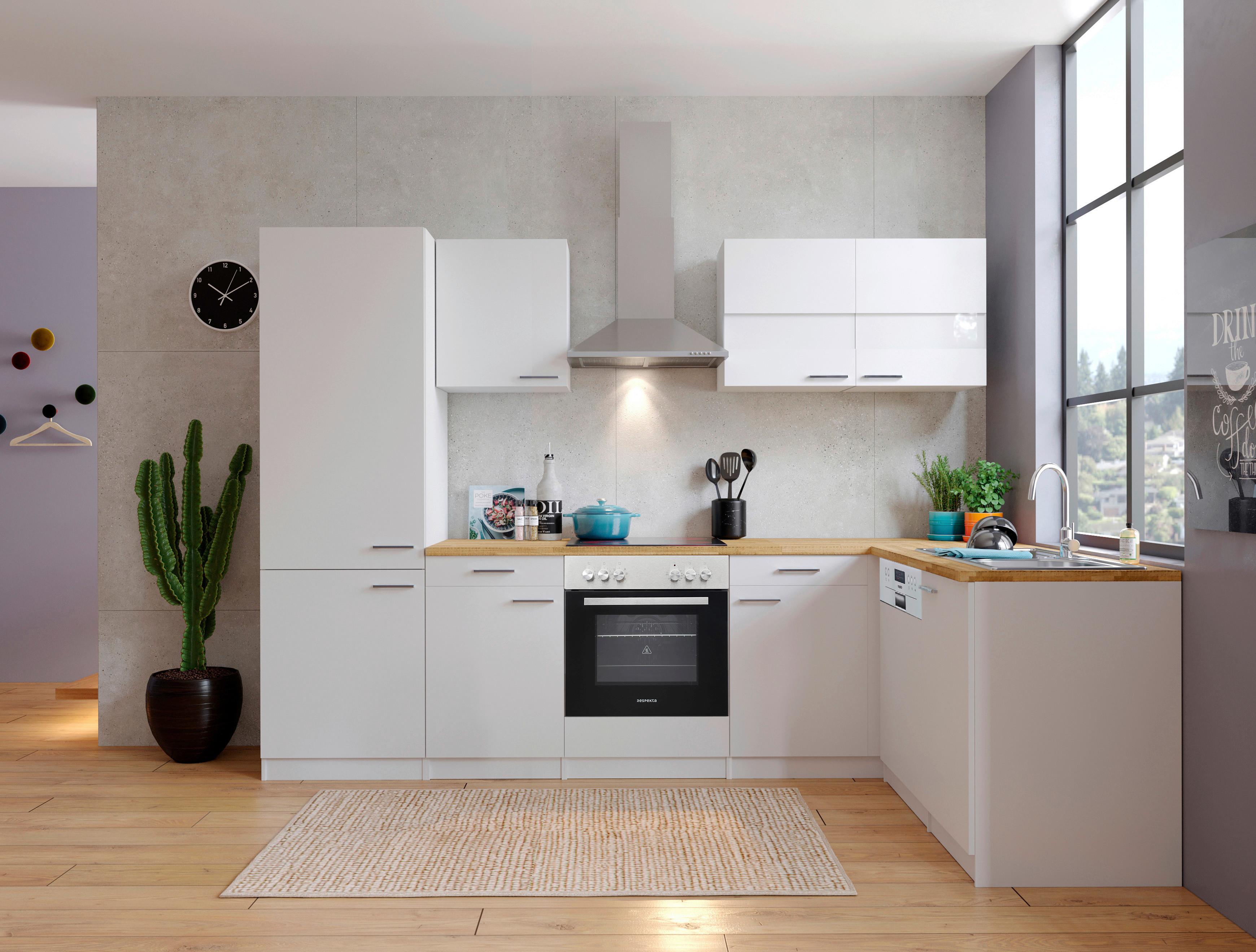 Eckküche Malia mit Geräten ca. 280x172 cm Weiß - Edelstahlfarben/Nussbaumfarben, Basics, Holzwerkstoff/Metall (280/172cm) - Respekta