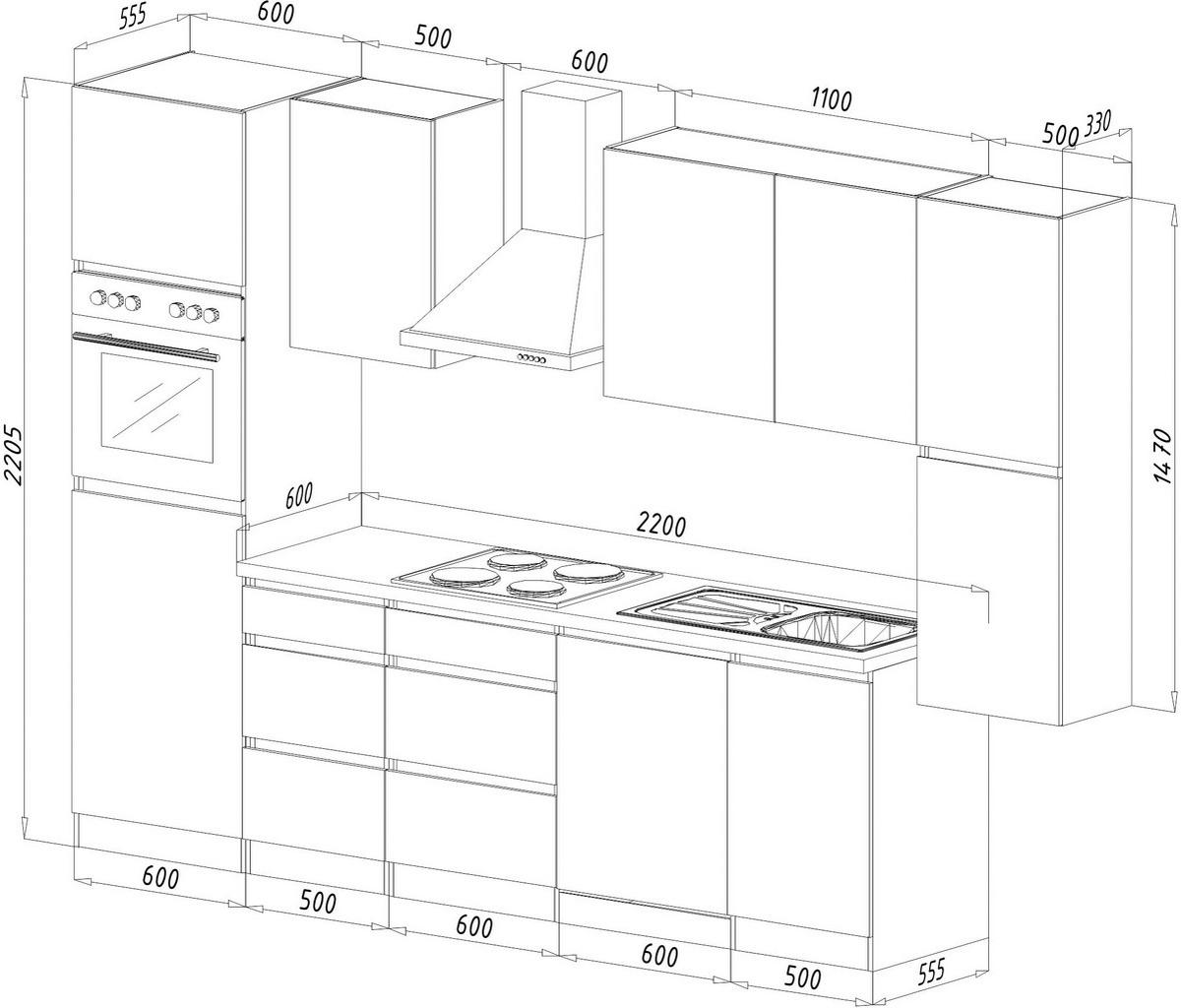 Küchenzeile Premium m. Geräte Grau/Eiche B: ca. 330 cm - Eichefarben/Grau, Basics, Holzwerkstoff (330cm) - Respekta