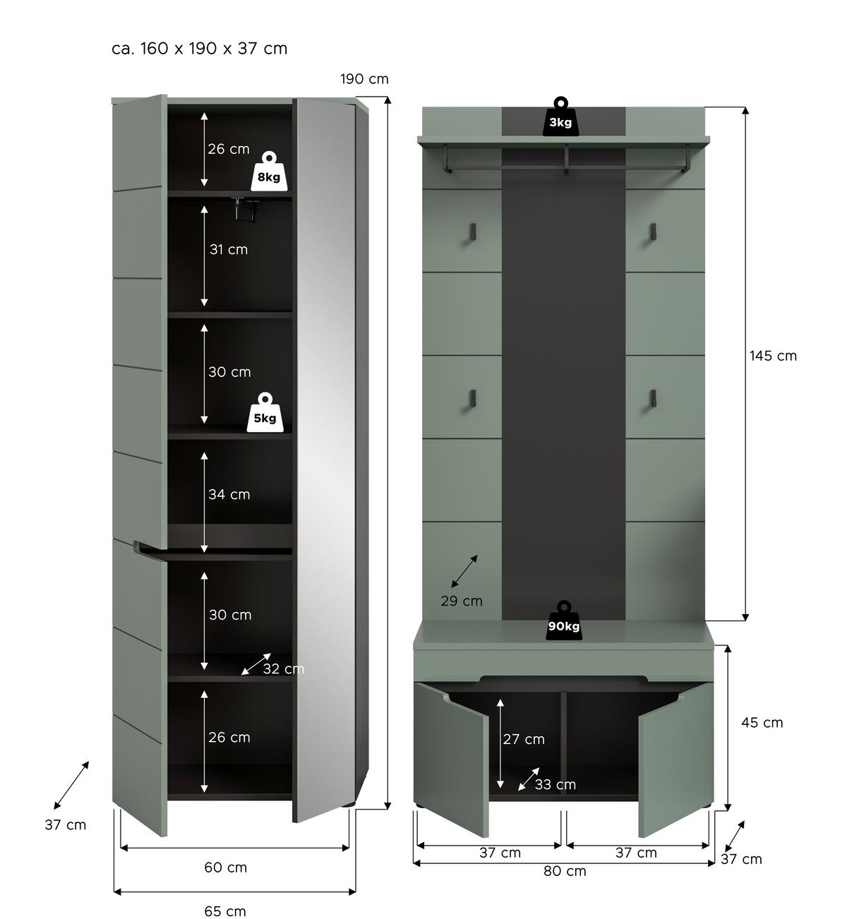 Predsoba Canu, Sivozelena, 3-Delna - Design, leseni material (160/190/37cm) - Livetastic