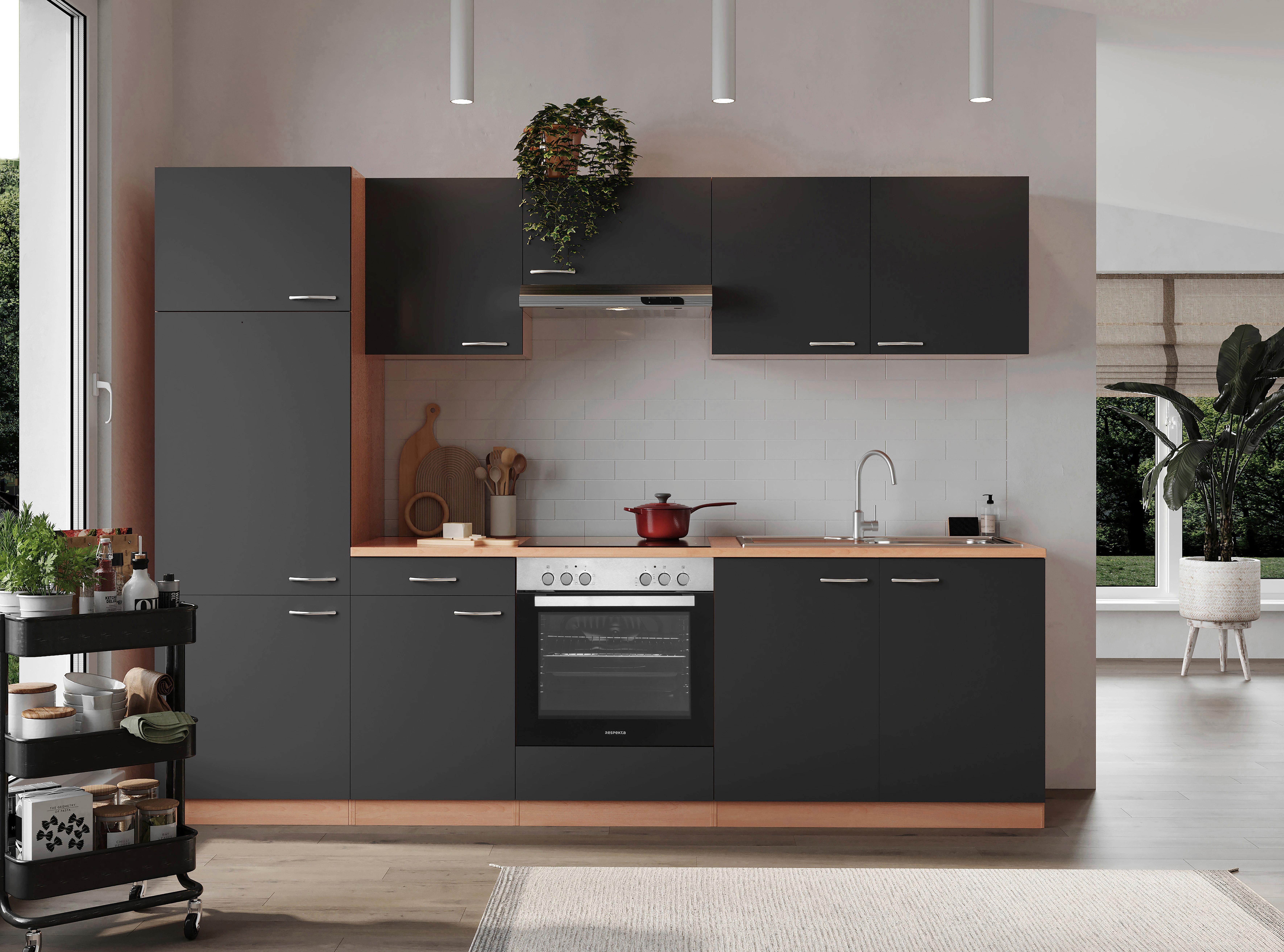 Küchenblock Gerda mit Geräten ca. 270 cm Grau - Buchefarben/Alufarben, Basics, Holzwerkstoff/Kunststoff (270cm) - Respekta