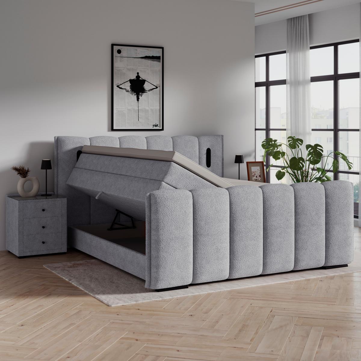 Boxspring Krevet Elysia - svijetlo siva/crna, Trend, drvni materijal/drvo (160/200cm) - Premium Living