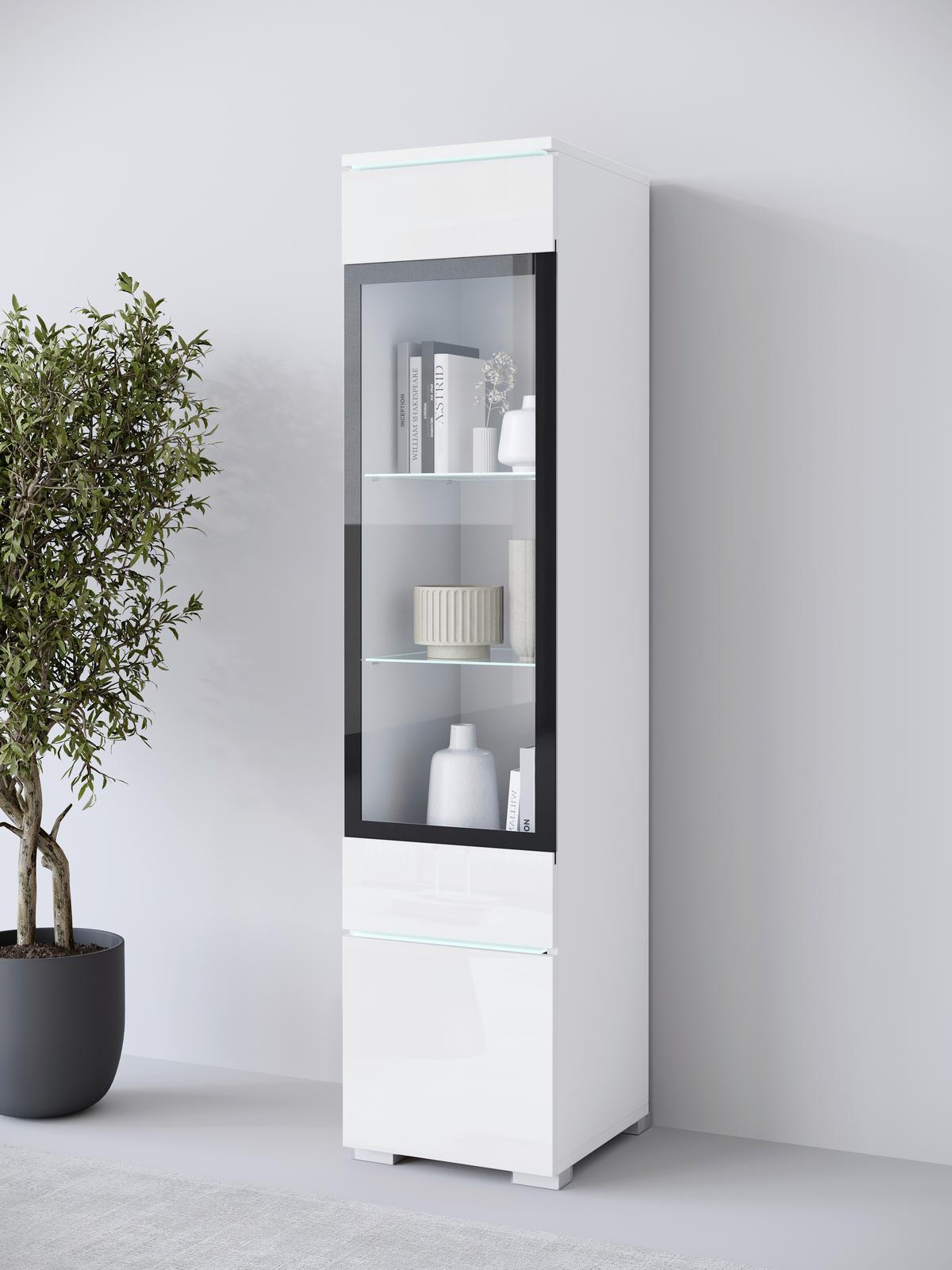 Vitrina Vera 002, Bela - siva/bela, Design, umetna masa/steklo (30/130/33cm) - Livetastic