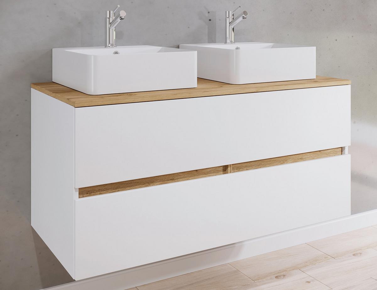 Badezimmer Cosila - Honigeiche/Weiss, Trend, Keramik/Holzwerkstoff (111cm) - MID.YOU