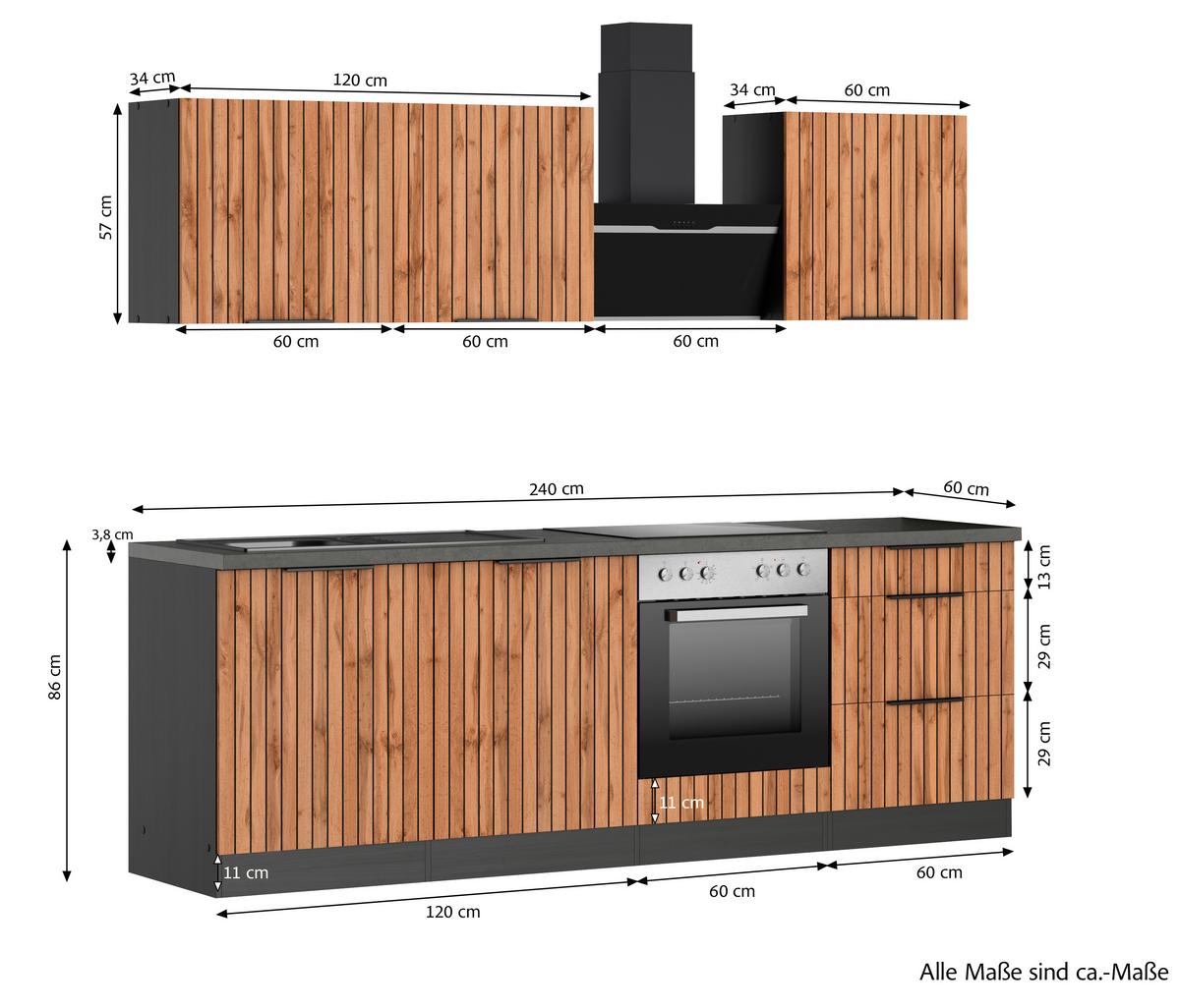 Küchenblock Liverpool m. Geräte Graphit/Eichefarben - Schieferfarben/Eiche Wotan, Basics, Holzwerkstoff/Metall (240cm) - Held
