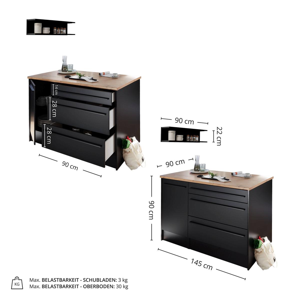 Insulă de bucătărie JAZZ - culoare lemn stejar/negru, Modern, material pe bază de lemn (140/90/90cm) - Modern Living