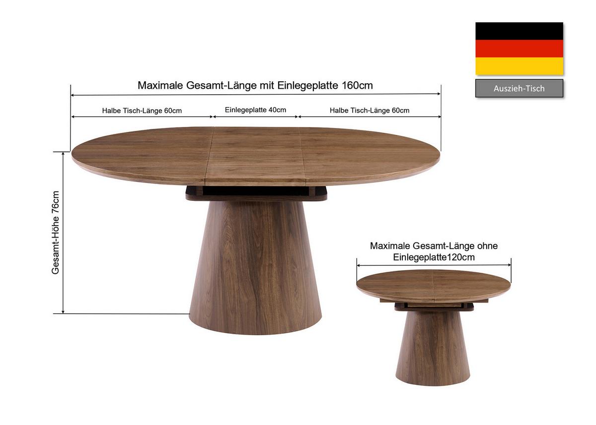 Raztegljiva Miza Sundsvall, Barva Oreha, 120-160x120 - barva oreha, Moderno, leseni material/les (120-160/120/76cm) - P & B