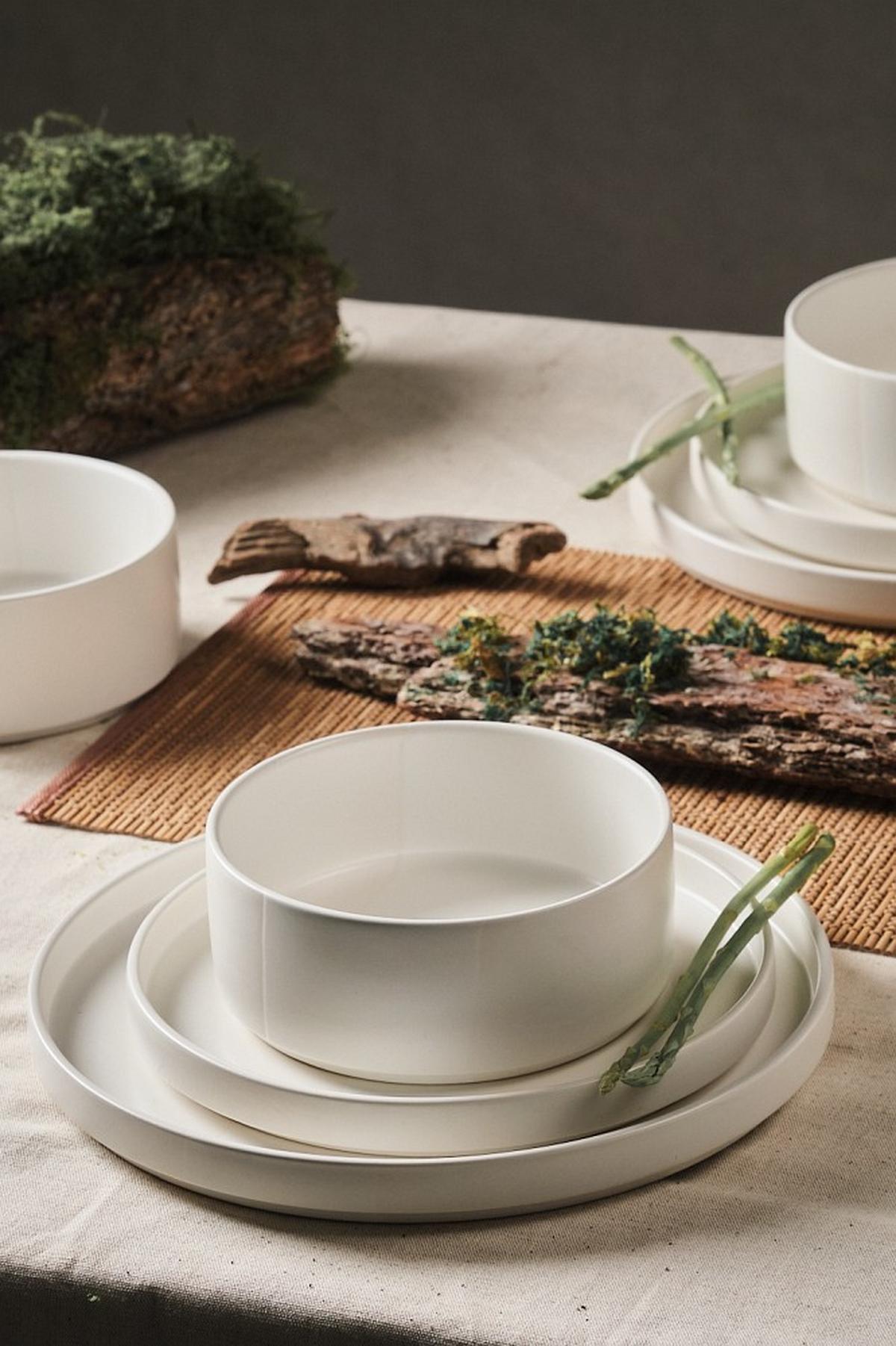 SERWIS OBIADOWO-ŚNIADANIOWY KYOTO STRISCIA - biały, Trend, ceramika - Novel