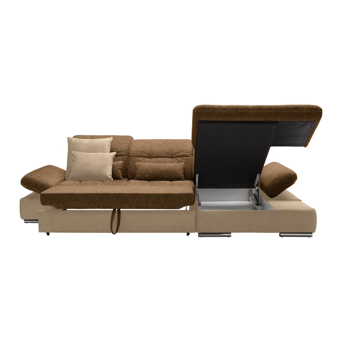 Wohnlandschaft Sanfino Taupe/Cognac - Taupe/Chromfarben, KONVENTIONELL, Holz/Textil (305/79-96/199cm) - Premium Living