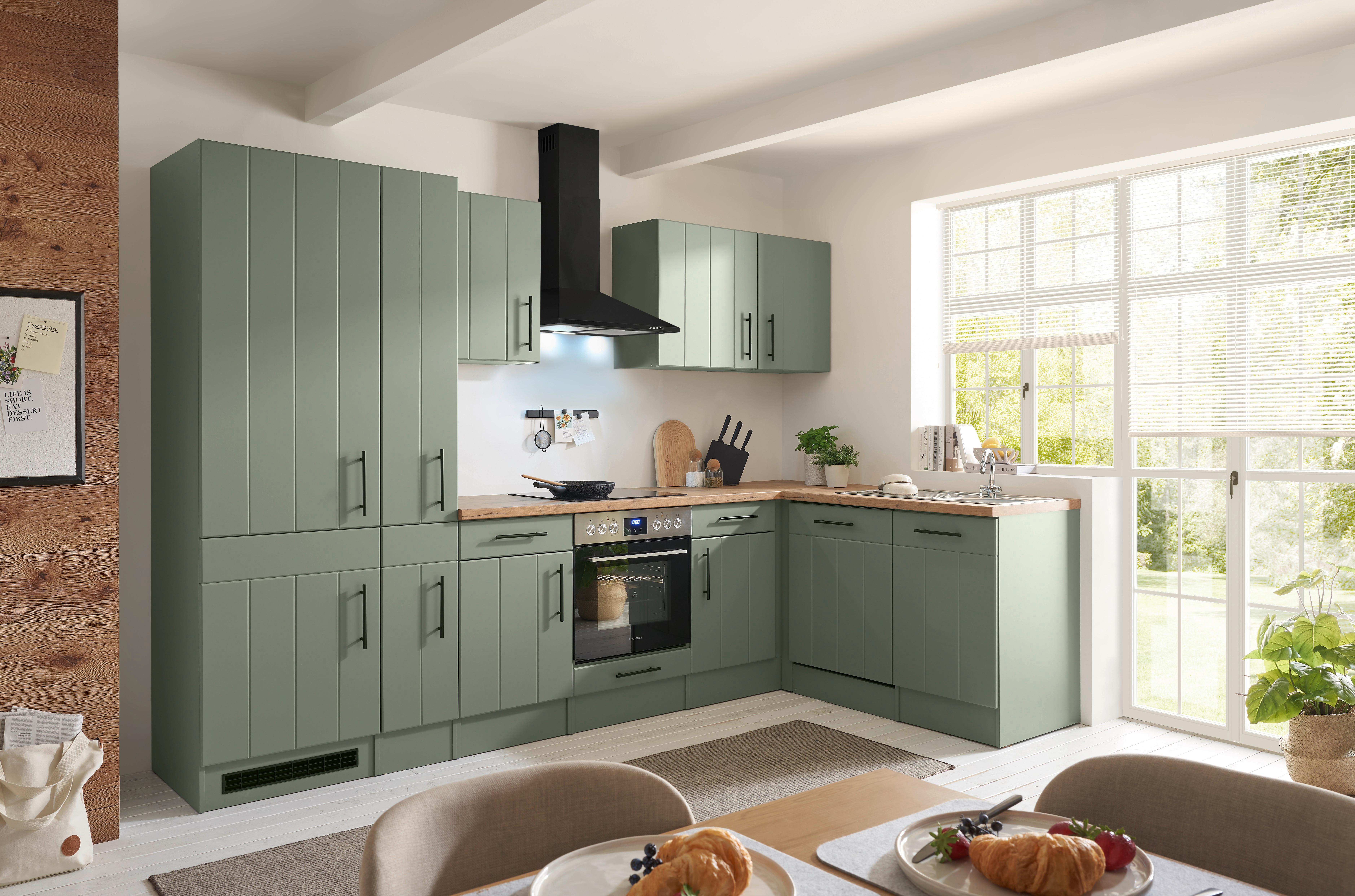 Eckküche Anton m. Geräte ca. 310x172cm Eiche/Schilfgrün - Schilfgrün/Wildeiche, Trend, Holzwerkstoff (310/172cm) - Respekta