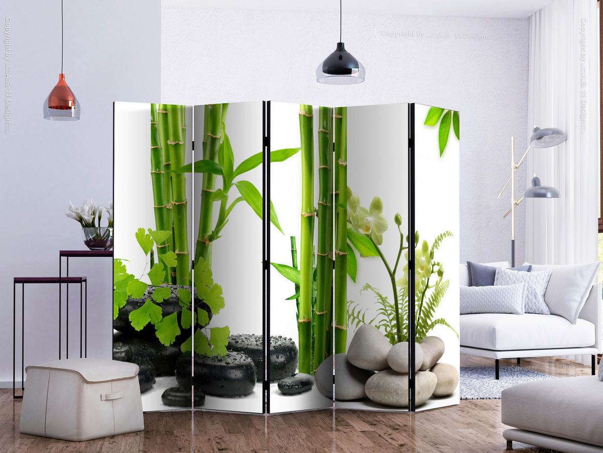 Paravan Bamboos And Stones I, Akustičen, 5-Delni - bela/svetlo zelena, Basics, umetna masa/tekstil (225/172/3cm) - artgeist
