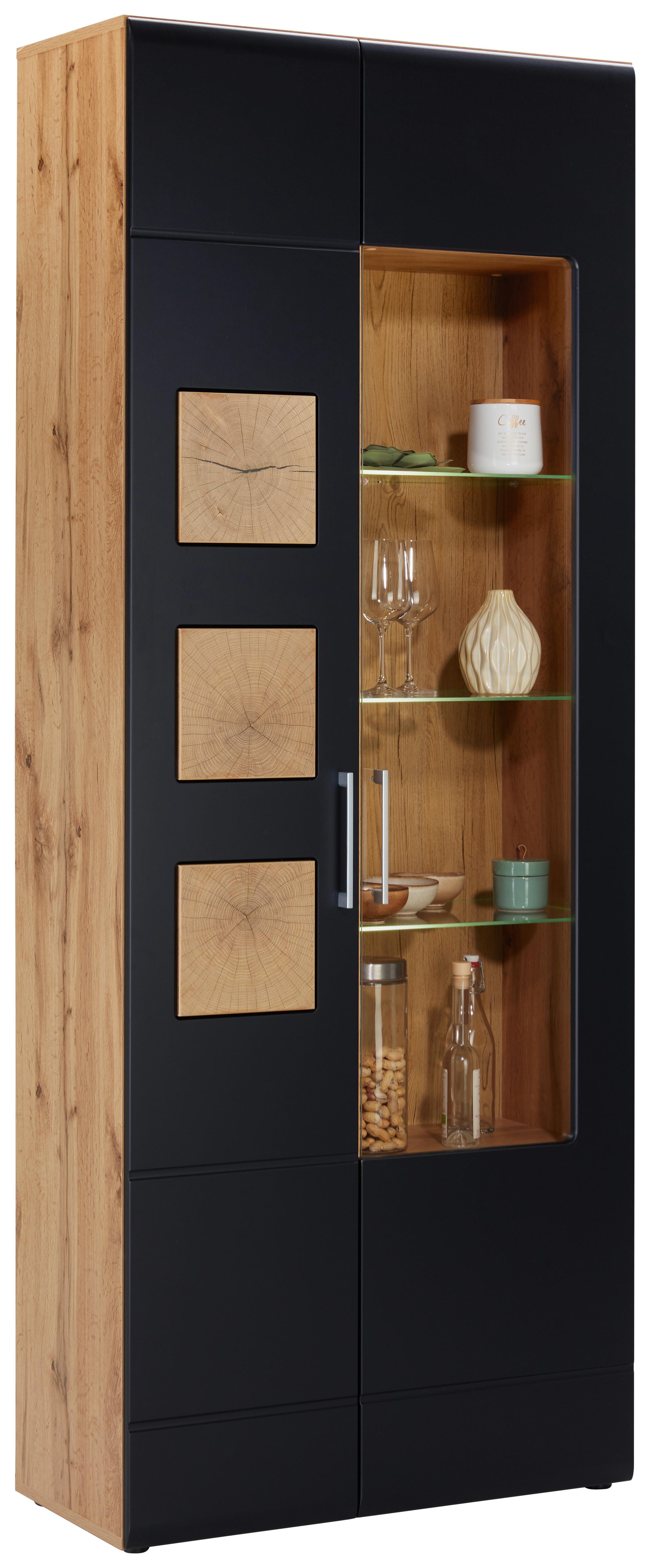 Vitrine in Schwarz/Eichefarben - Chromfarben/Eichefarben, KONVENTIONELL, Glas/Holzwerkstoff (80/208/37cm) - Mömax