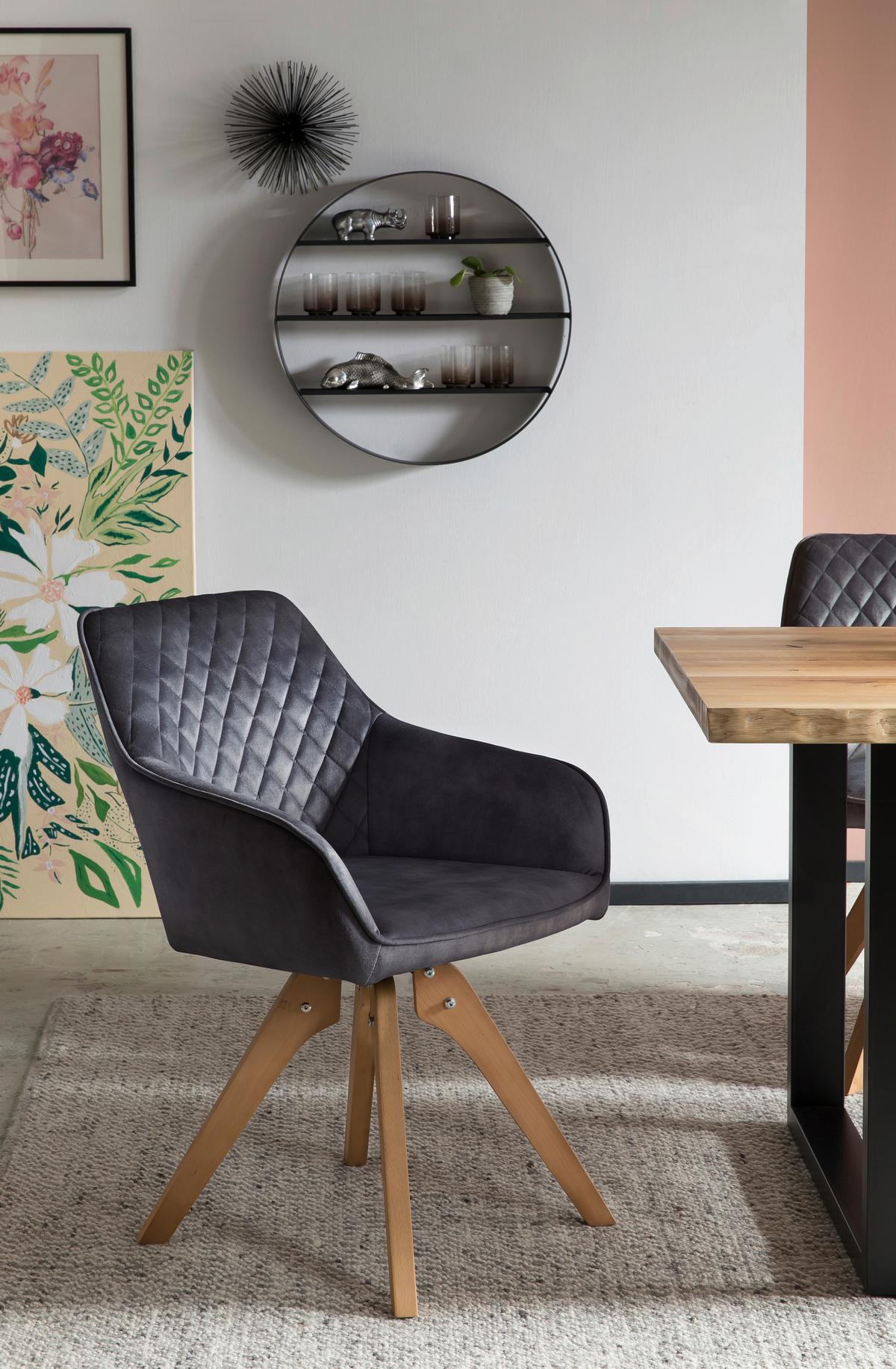 Naslanjač Samt, Črna, Vrtljiv - črna/barve hrasta, Moderno, tekstil/les (59/85/61cm) - Livetastic