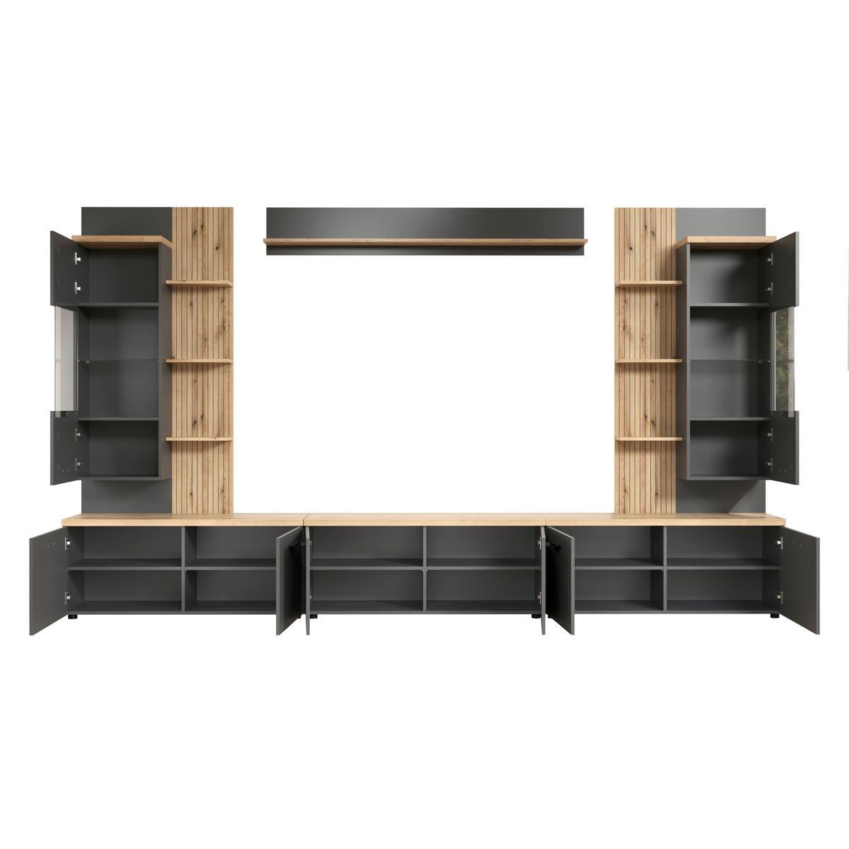 WOHNWAND BAGGIO - Eichefarben/Anthrazit, Design, Glas/Holzwerkstoff (360/212/40cm) - MID.YOU