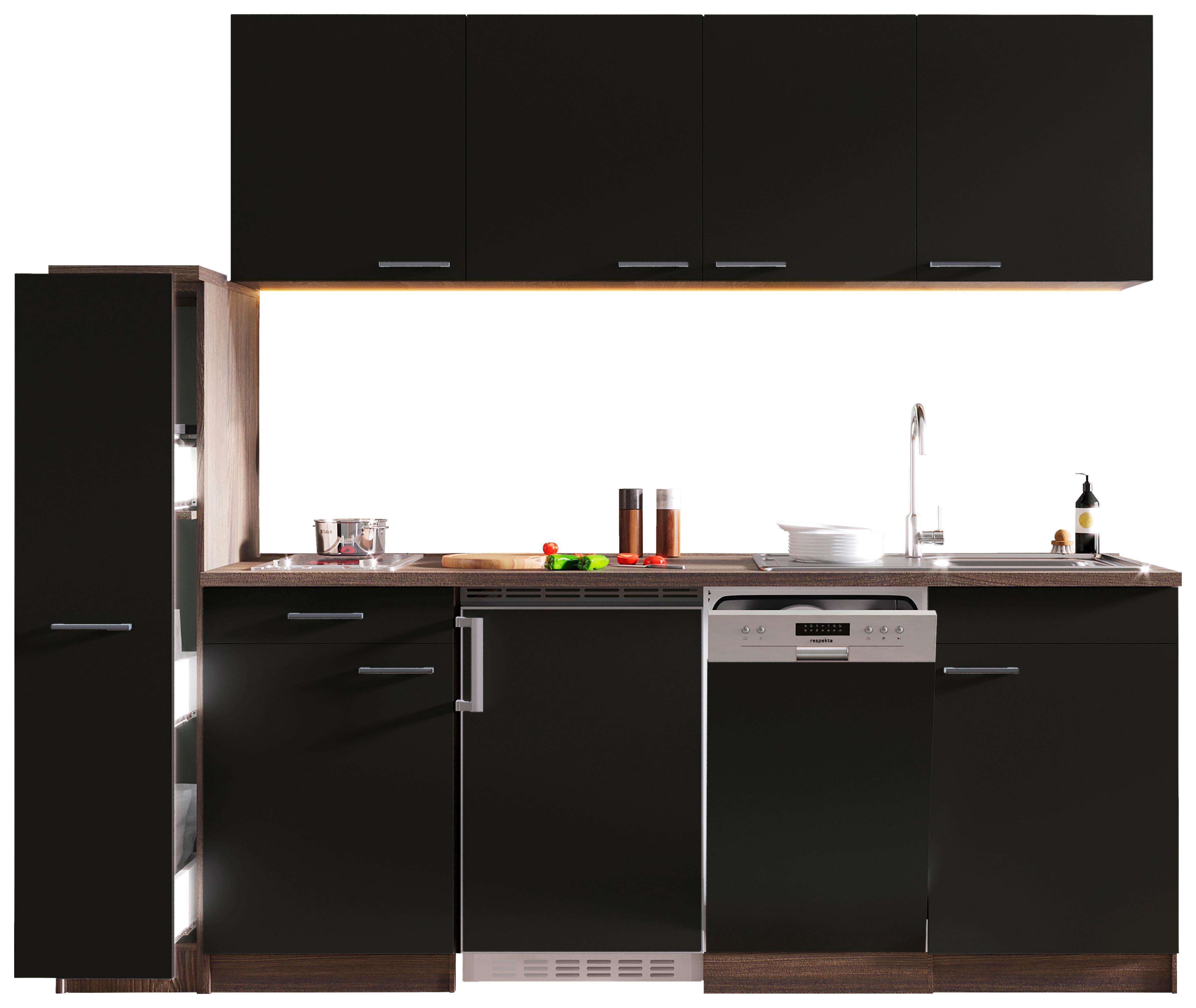 Küchenblock Oliver mit Geräten ca. 225 cm Schwarz - Eichefarben/Schwarz, Basics, Holzwerkstoff/Kunststoff (225cm) - Respekta