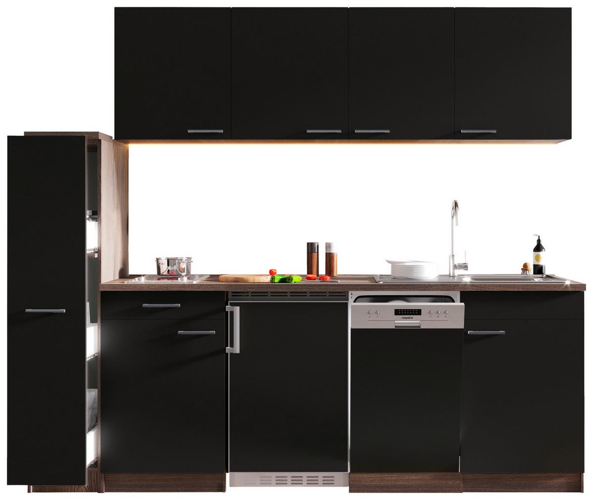 Küchenblock Oliver mit Geräten ca. 225 cm Schwarz - Eichefarben/Schwarz, Basics, Holzwerkstoff/Kunststoff (225cm) - Respekta