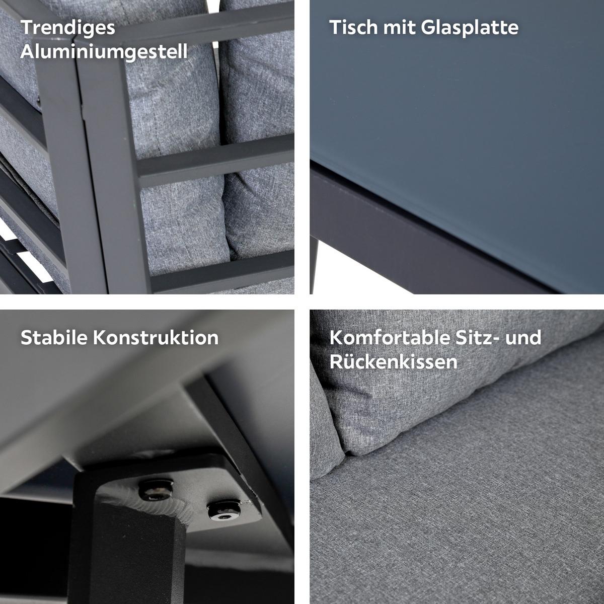 Loungegarnitur 4-tlg Amsterdam aus Aluminium mit Glasplatte - Anthrazit, Basics, Glas/Textil (131,5/77/72cm) - Gardenson
