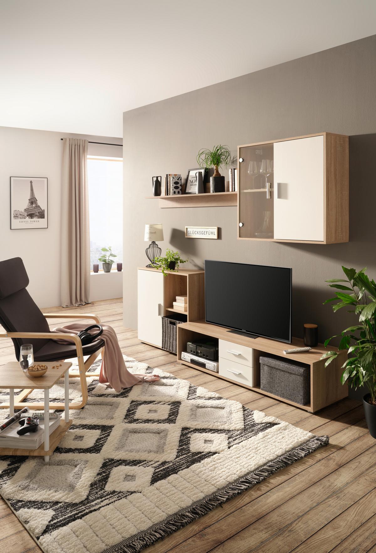 Wohnwand in Eichefarben - Weiss/Alufarben, Konventionell, Glas/Holz (218/190/42cm) - Based