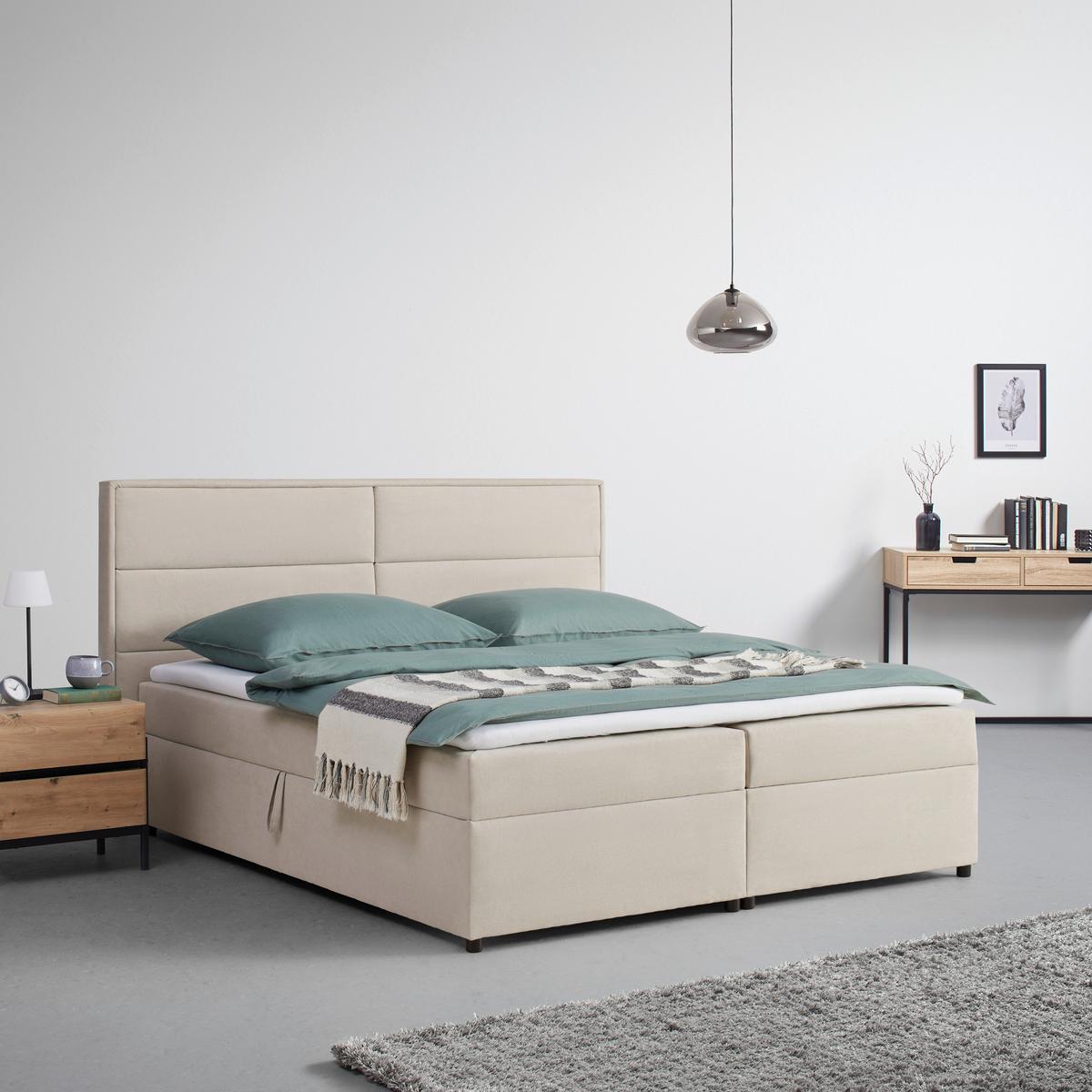 Boxbett Kiara ca. 180x200cm Beige mit Topper - Beige/Schwarz, Modern, Holz/Textil (180/200cm) - Bessagi Home
