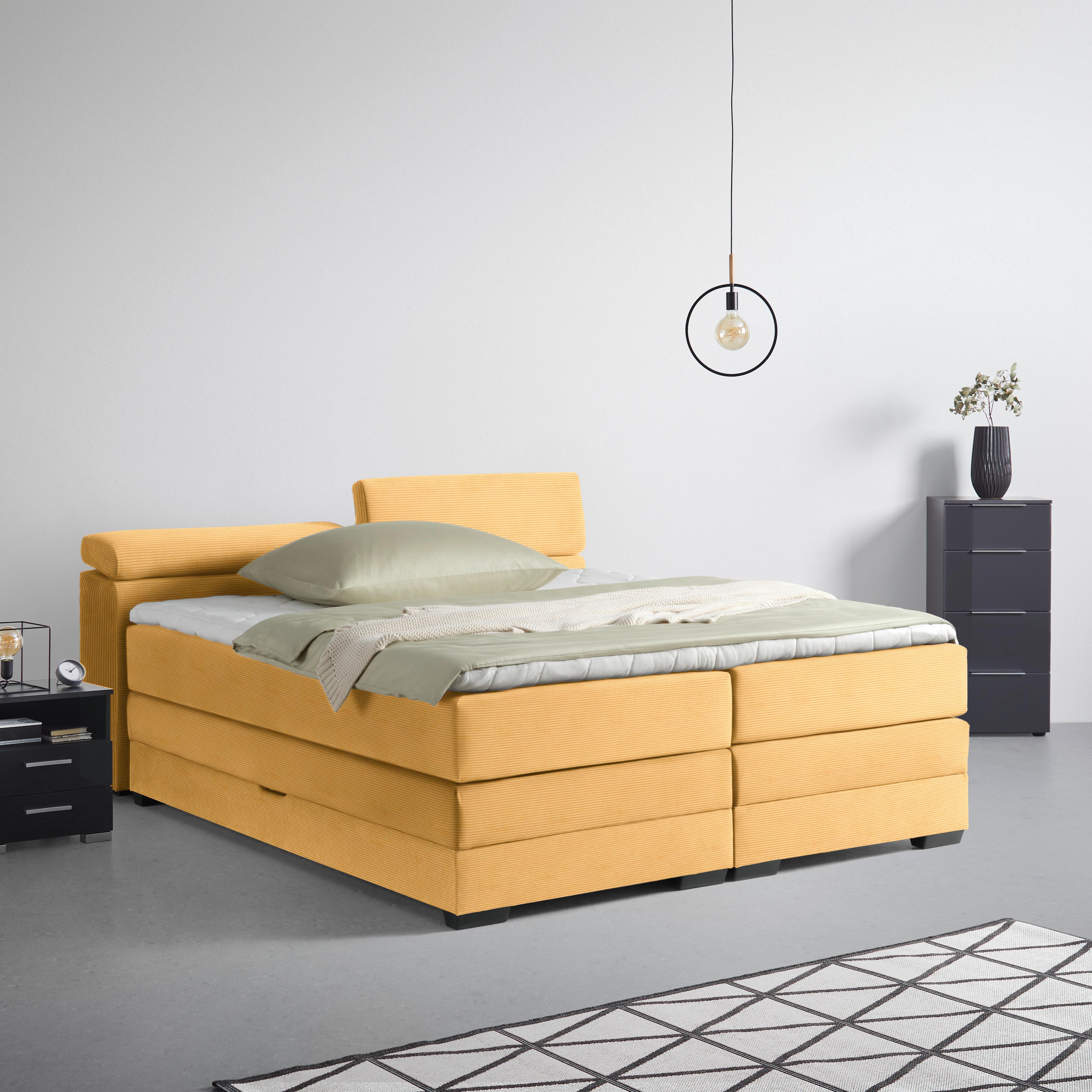 Boxspringbett Sevilla Senfgelb ca. 180x200cm - Senfgelb/Schwarz, KONVENTIONELL, Holz/Kunststoff (180/200cm) - Premium Living