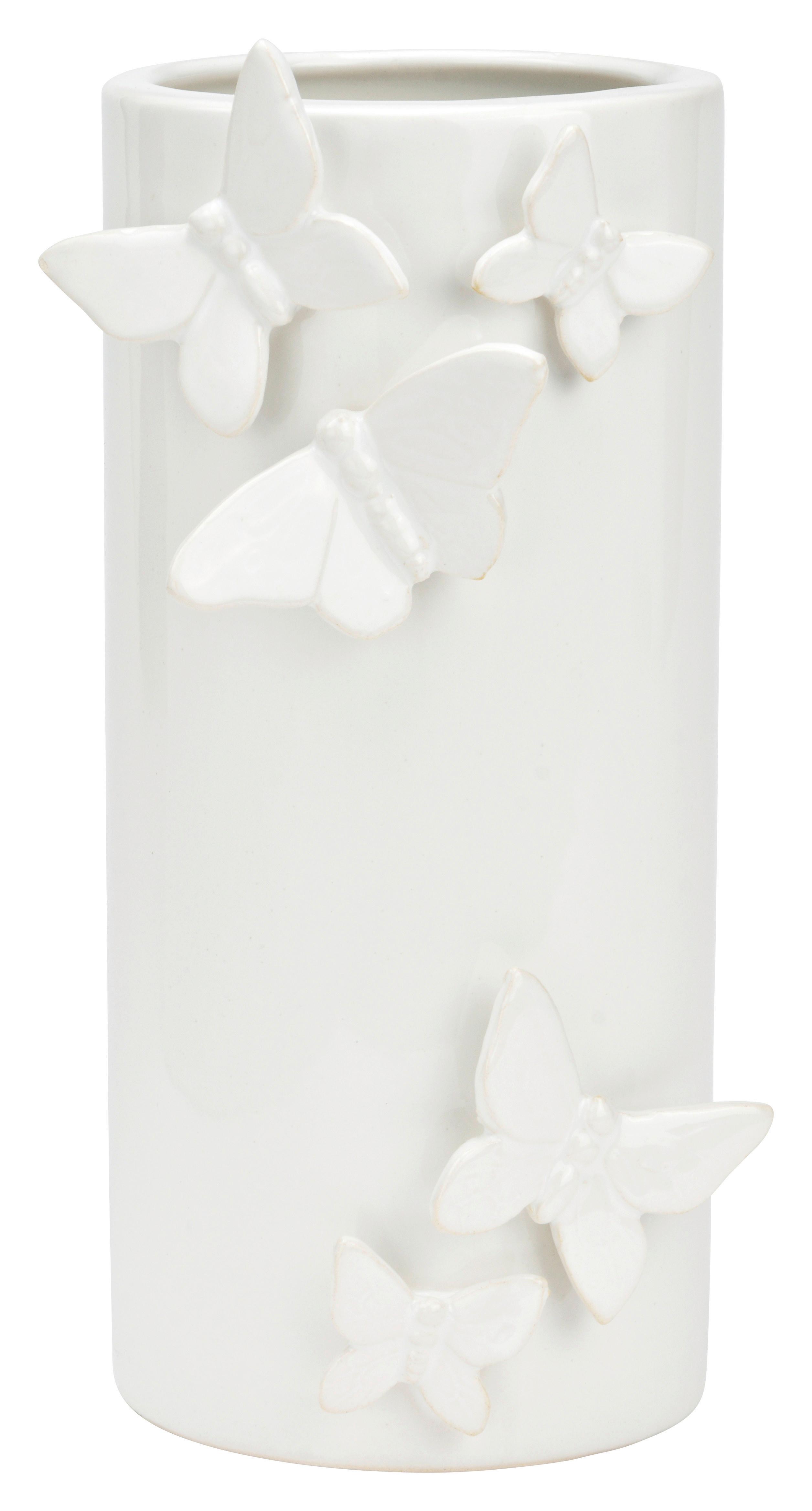 Vase mit 3D Schmetterling Weiß - Weiß, Basics, Keramik (10,0/22,0/12,5cm)