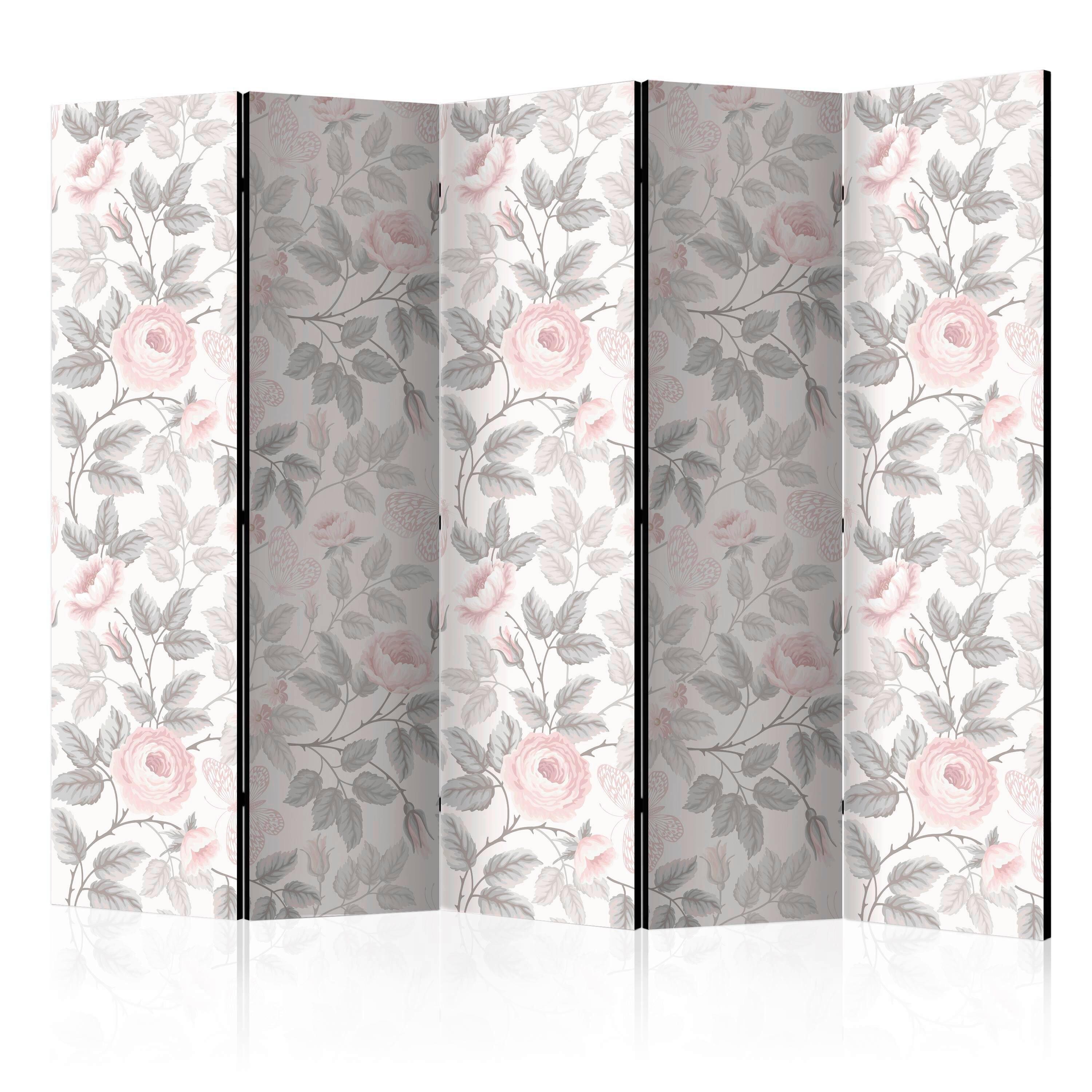 Paravan Roses I, 5-Delni, Dvostranski - pink/svetlo siva, Basics, tekstil/les (225/172/3cm) - artgeist