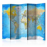 Paravan Classic World Map, 5-Delni, Enostranski - modra/rumena, Basics, tekstil/les (225/172/3cm) - artgeist