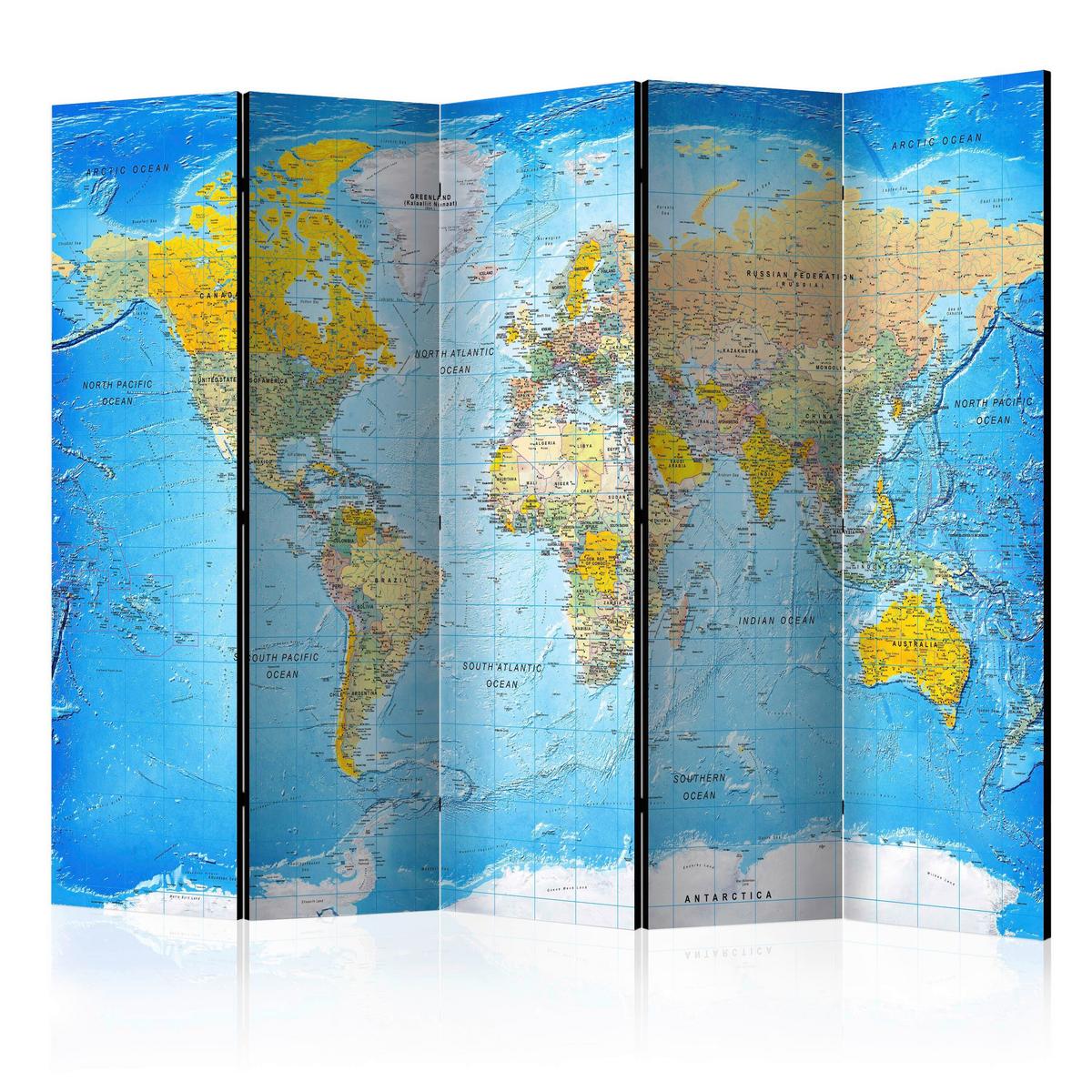 Paravan Classic World Map, 5-Delni, Enostranski - modra/rumena, Basics, tekstil/les (225/172/3cm) - artgeist