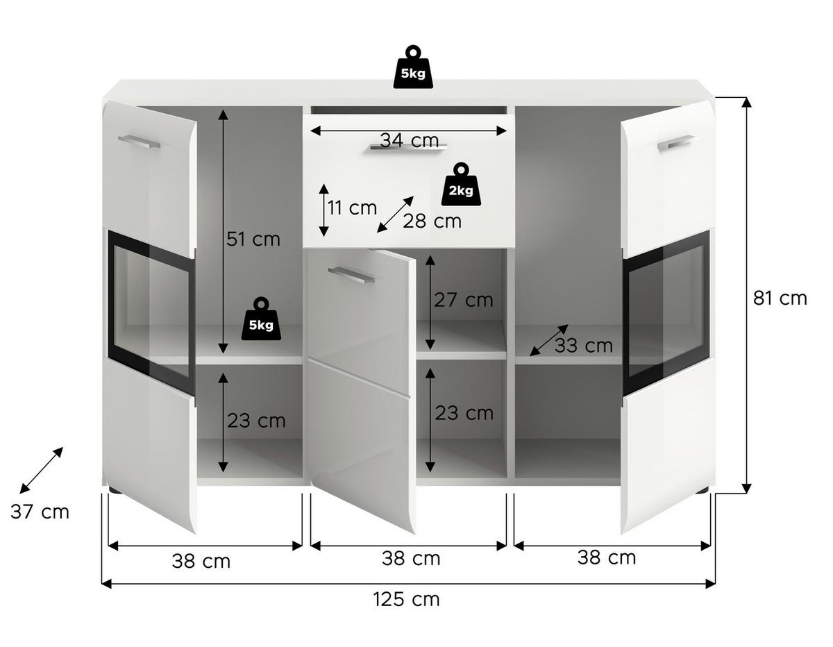 Široka Komoda Ice, Bela Visok Sijaj - srebrne barve/črna, Design, umetna masa/leseni material (125/81/37cm) - Livetastic