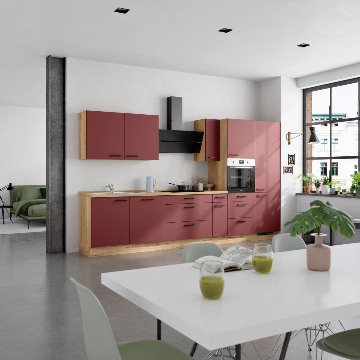 Küchenblock Easytouch High m. Geräten Dunkelrot - Eichefarben/Schwarz, MODERN, Holzwerkstoff/Metall (360cm) - Nobilia