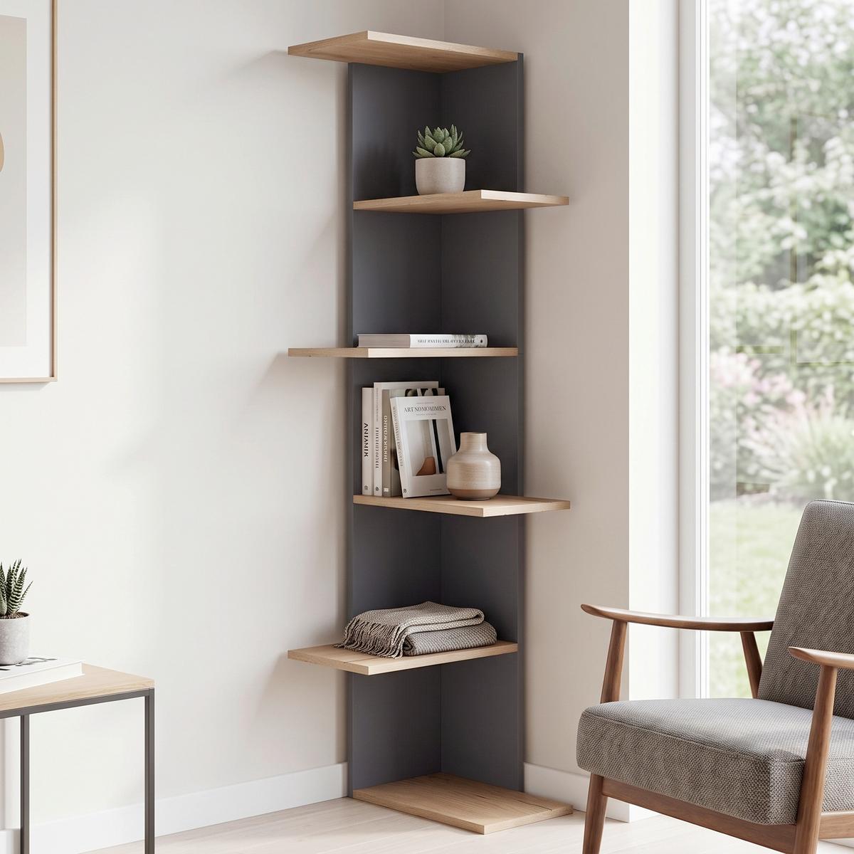 Eckregal BALOS XL Schwarz ca. 37x140x37 cm - Honigeiche/Schwarz, LIFESTYLE, Holzwerkstoff (37/140/37cm) - MID.YOU