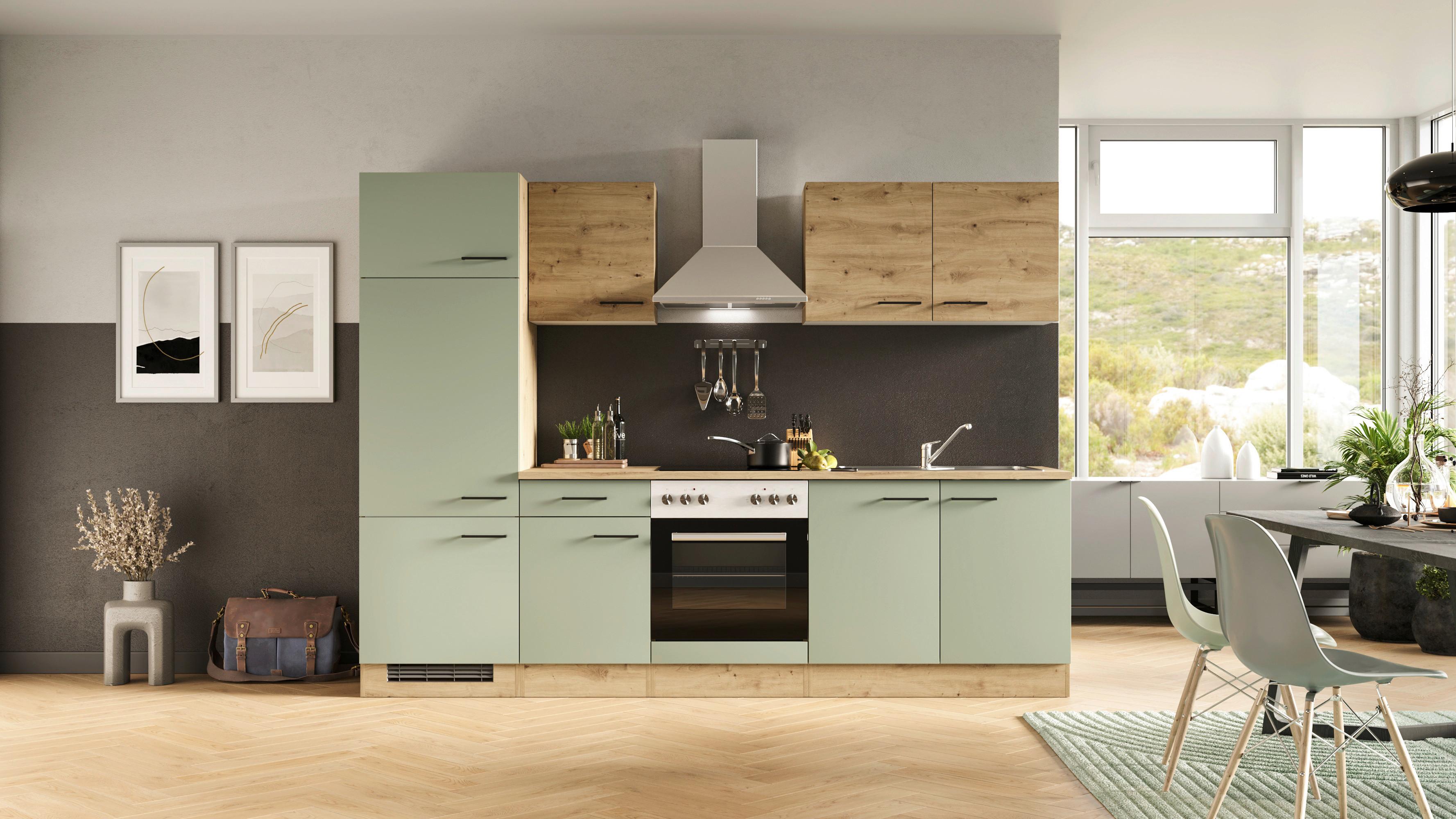 Küchenblock Cara mit Geräten ca. 270 cm Grün/Eiche - Schwarz/Eiche Artisan, MODERN, Holzwerkstoff/Metall (270cm) - FlexWell