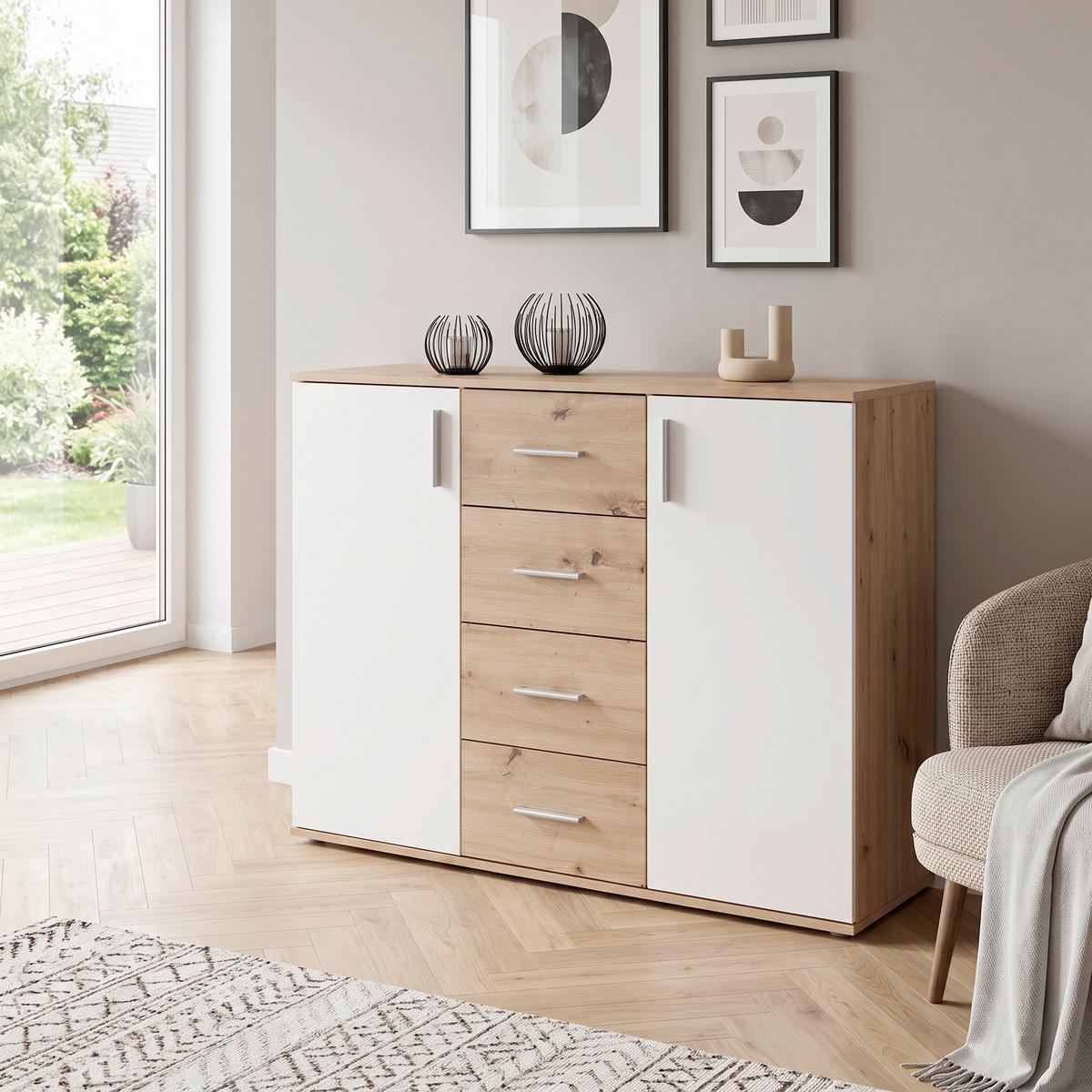 Komoda Ina 03 - boja aluminijuma/bela, Moderno, pločasti materijal/plastika (132/94,8/38,3cm) - Modern Living