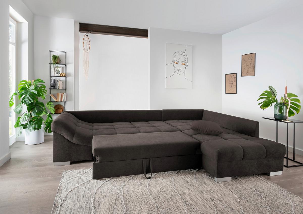 Wohnlandschaft Alvito Dunkelbraun Nylon/Mikrofaser - Dunkelbraun/Silberfarben, Design, Holz/Textil (298/202cm) - MID.YOU