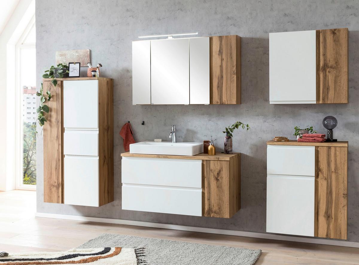 Waschtischkombi ''Varese'', Weiß/Eiche Wotan - Eiche Wotan/Weiß, MODERN, Keramik/Holzwerkstoff (105cm) - Held