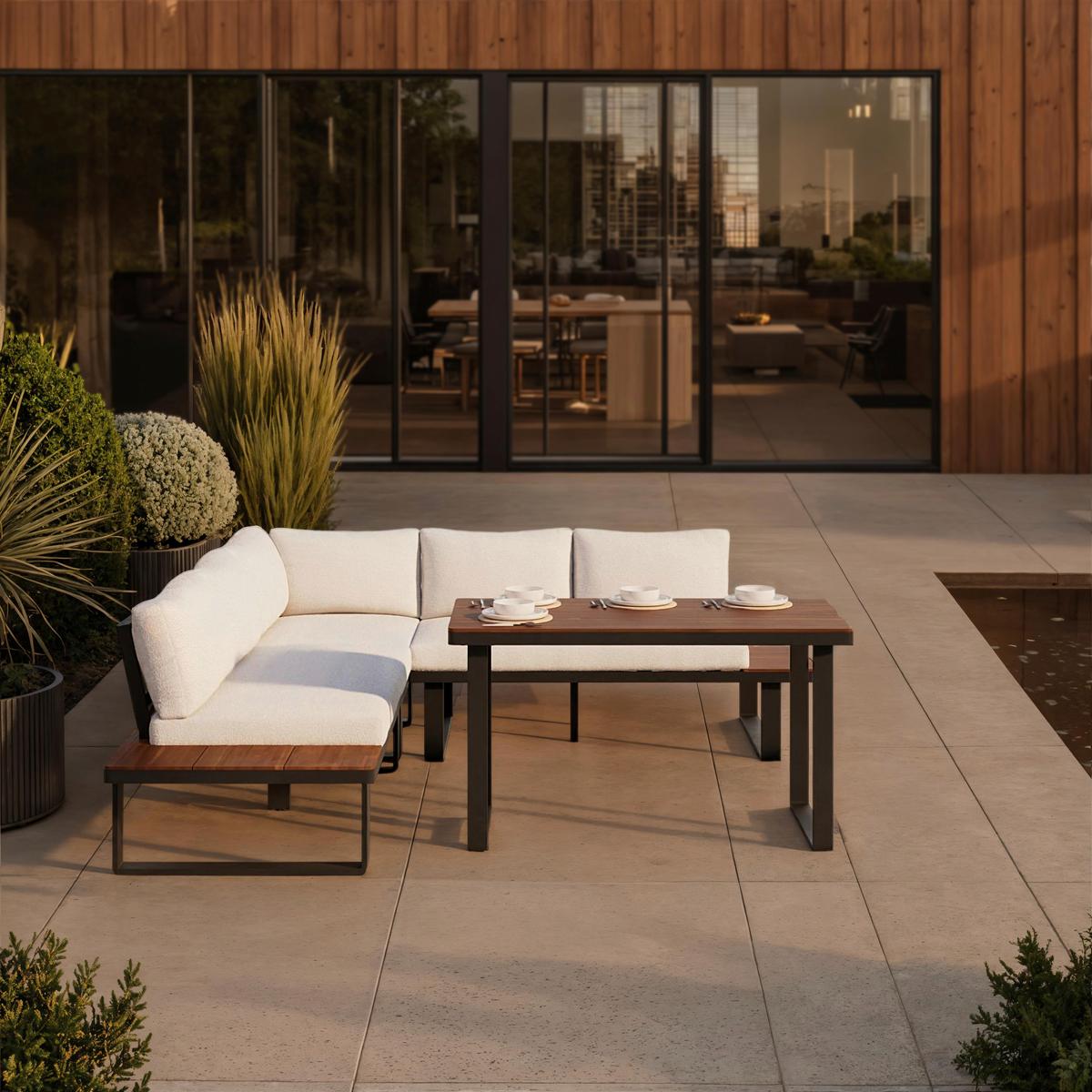 Dining-Loungeset Gianna Holz Outdoorstoff/Metall +Abdeckung - Creme/Schwarz, MODERN, Holz/Textil (221/71/76cm) - Bessagi Garden