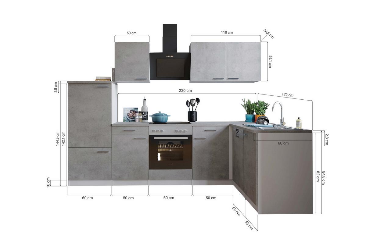 Kotna Kuhinja Z Aparati Malia, 280x172cm - barve nerjavečega jekla/siva, Basics, kovina/leseni material (280/172cm) - Respekta
