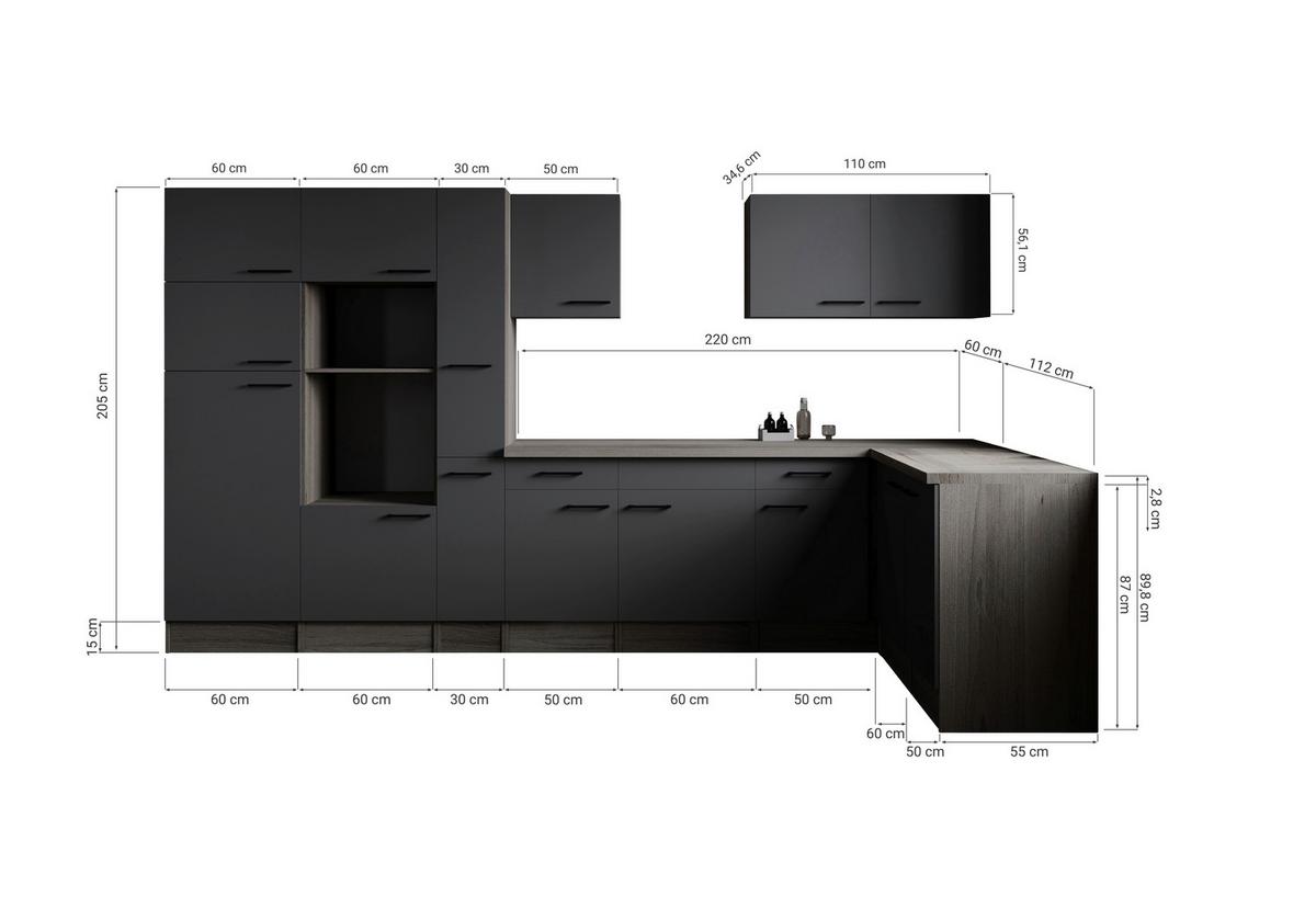 Kotna Kuhinja Brez Aparatov Oliver, 370x172cm - črna/siva, Design, kovina/leseni material (370/172cm) - Respekta