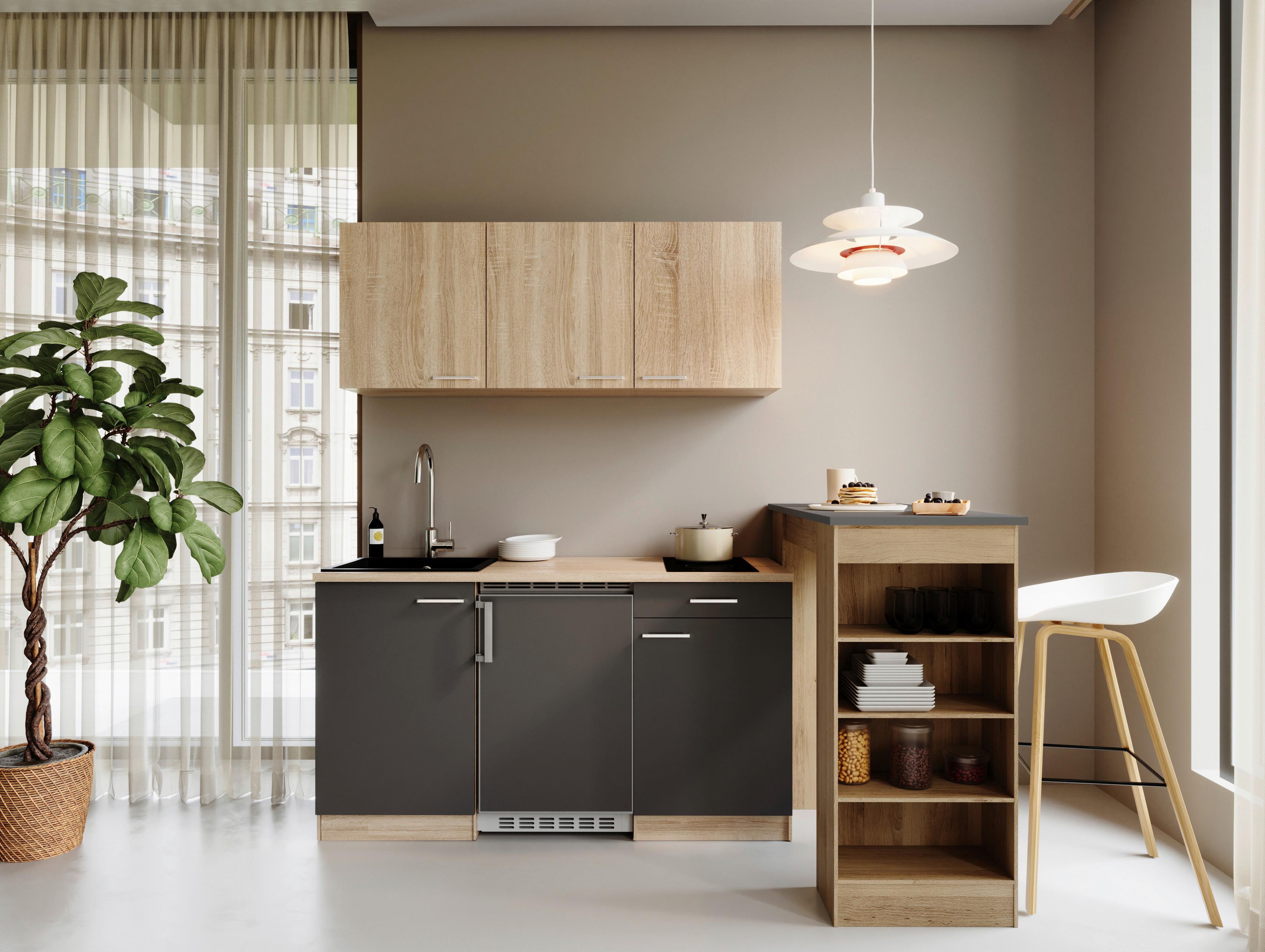 Miniküche Ingrid m. Geräten ca. 150cm Grau - Eichefarben/Alufarben, Design, Holzwerkstoff/Kunststoff (150cm) - Respekta