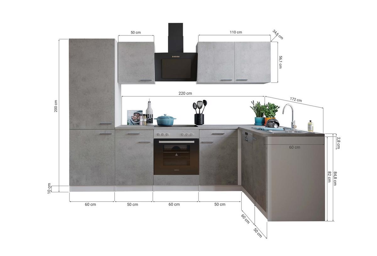 Kotna Kuhinja Z Aparati Malia, 280x172cm - barve nerjavečega jekla/siva, Basics, kovina/leseni material (280/172cm) - Respekta