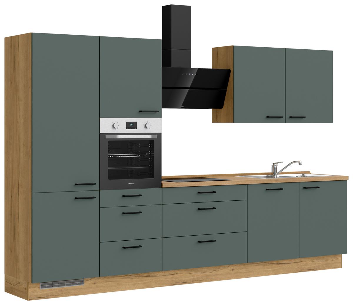 Küchenblock Easytouch High m. Geräten Dunkelgrün - Dunkelgrün/Eichefarben, MODERN, Holzwerkstoff/Metall (330cm) - Nobilia